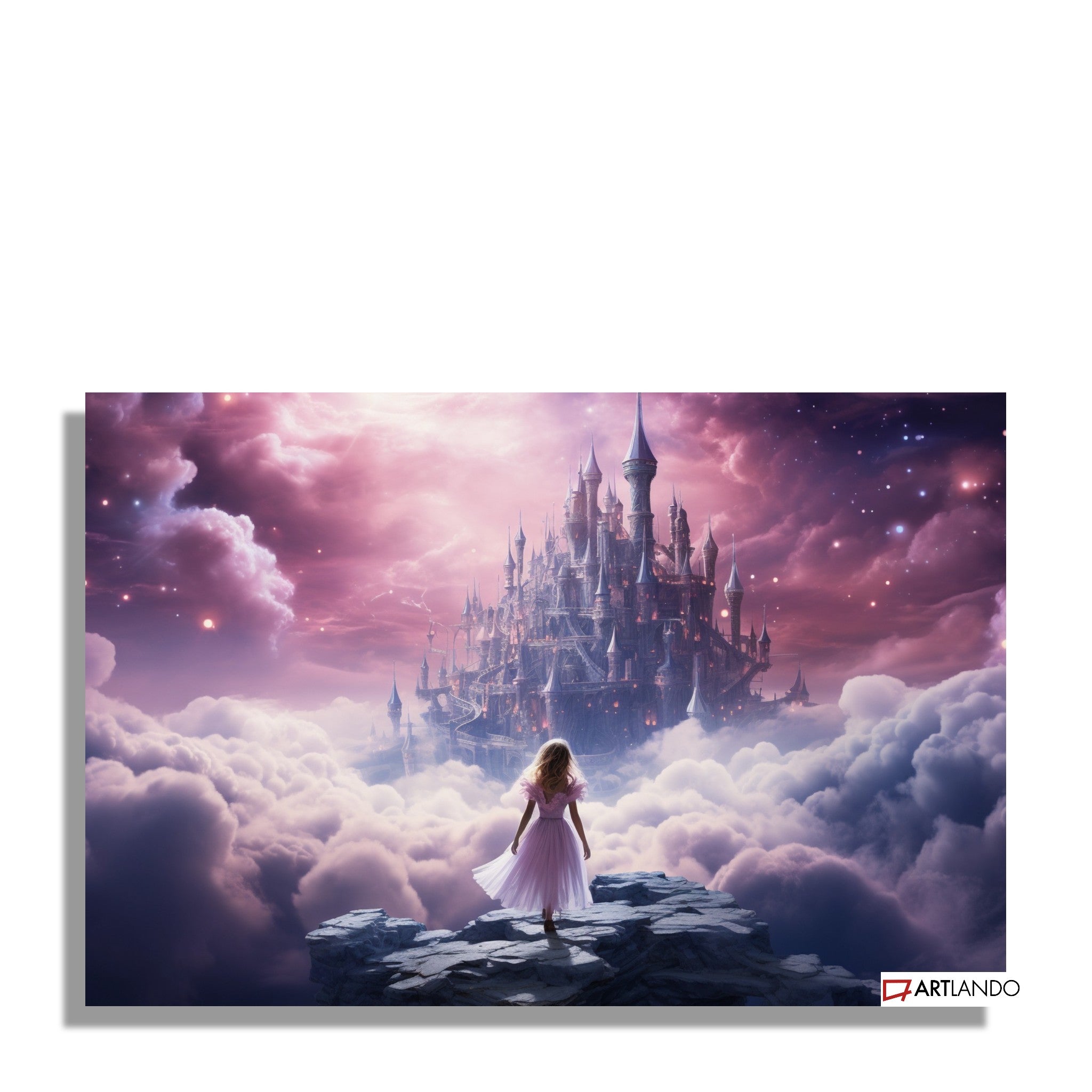 Mädchen steht vor verzaubertem Schloss umgeben von lila Wolken und Sternen
