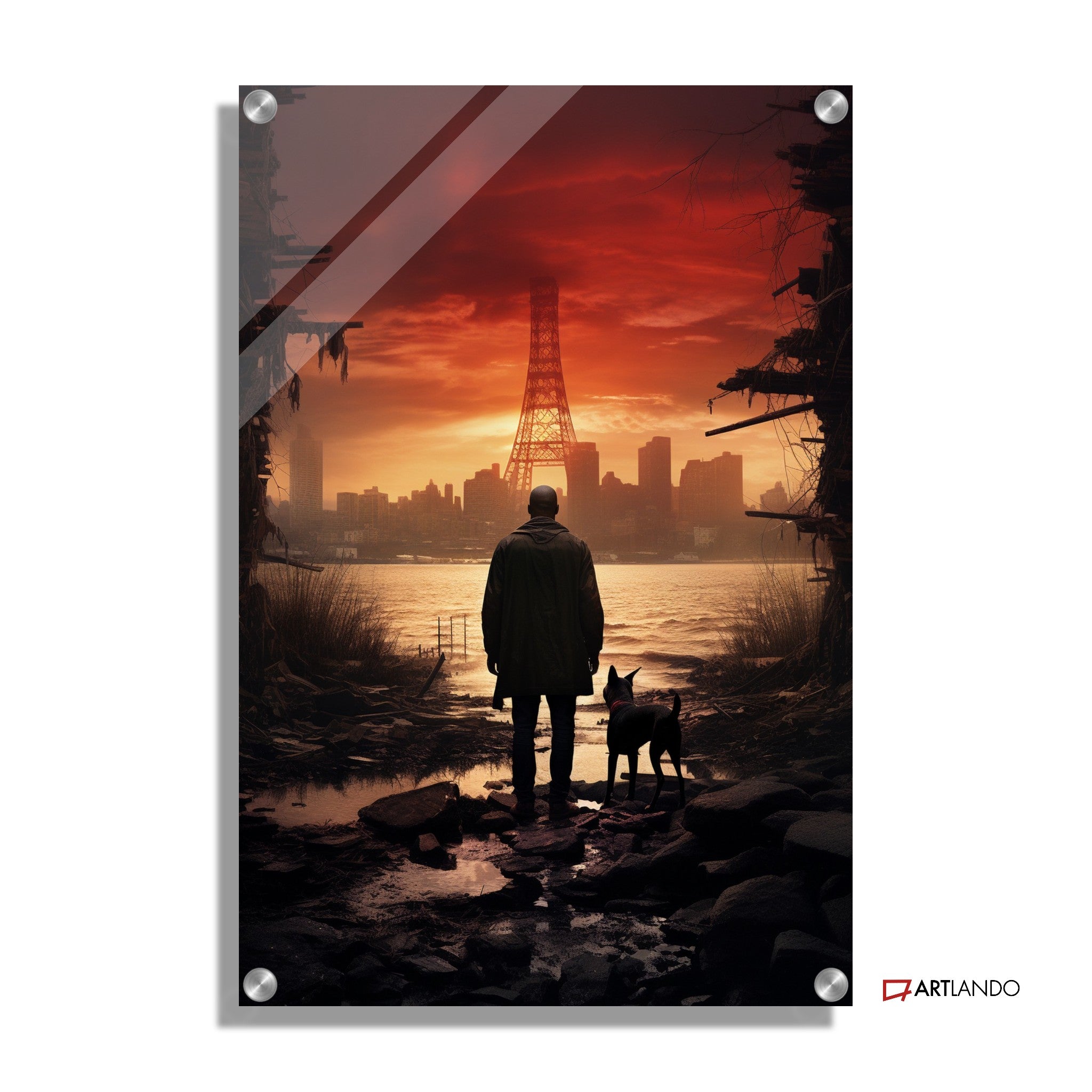 Mann mit Hund blickt auf Paris in dystopischer Stimmung