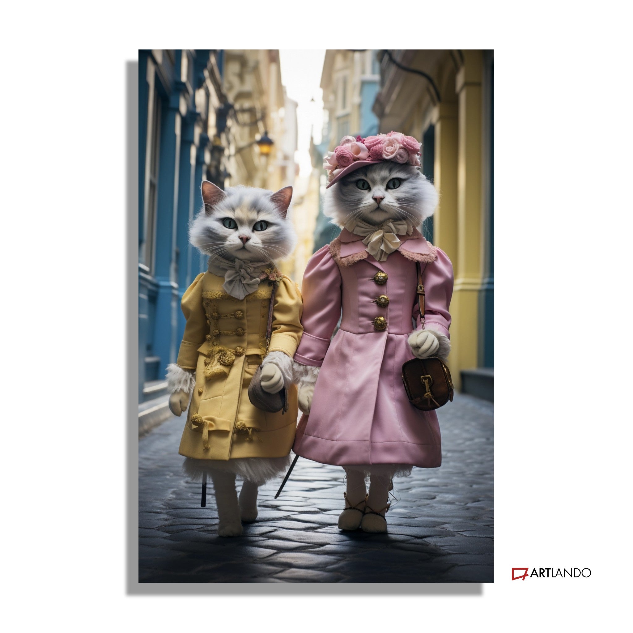 Katzendamen in historischer Kleidung spazieren durch Innenstadt