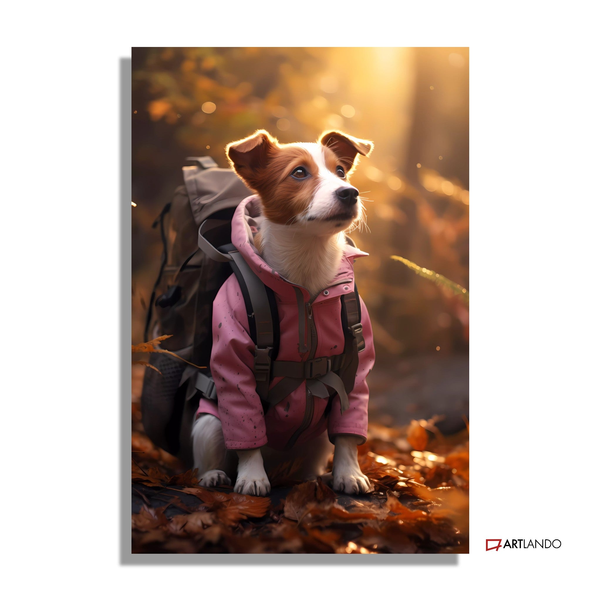 Jack Russell Terrier im Wanderoutfit im Wald