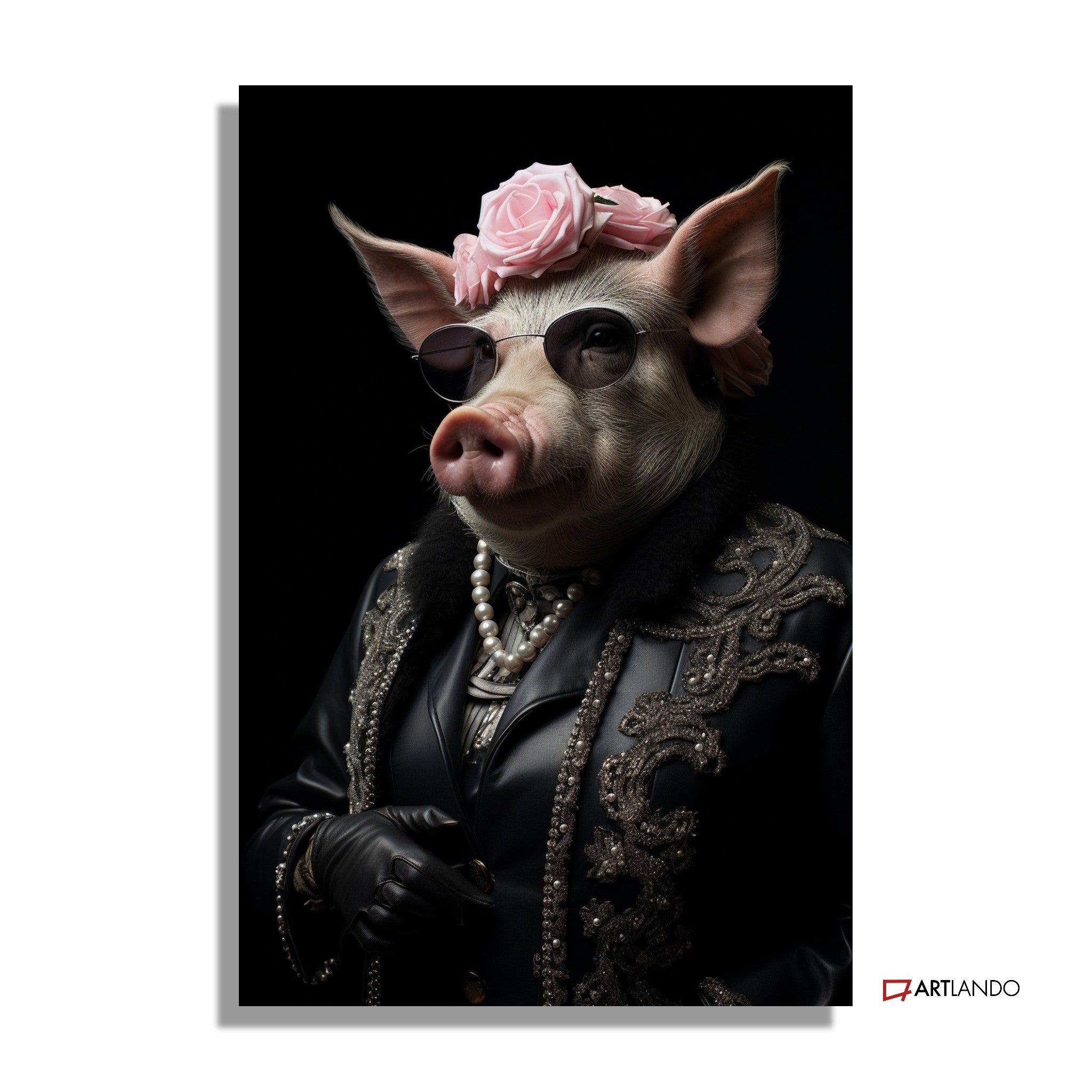 Schwein in extravagantem Outfit mit Sonnenbrille und Rosen