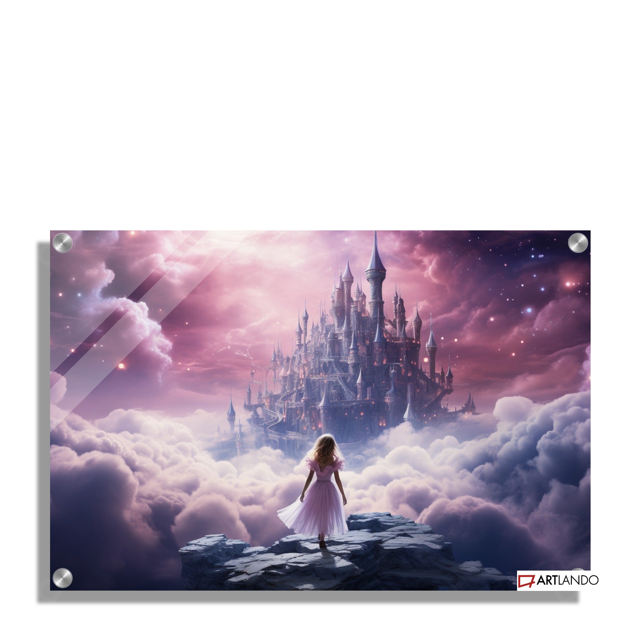 Mädchen steht vor verzaubertem Schloss umgeben von lila Wolken und Sternen
