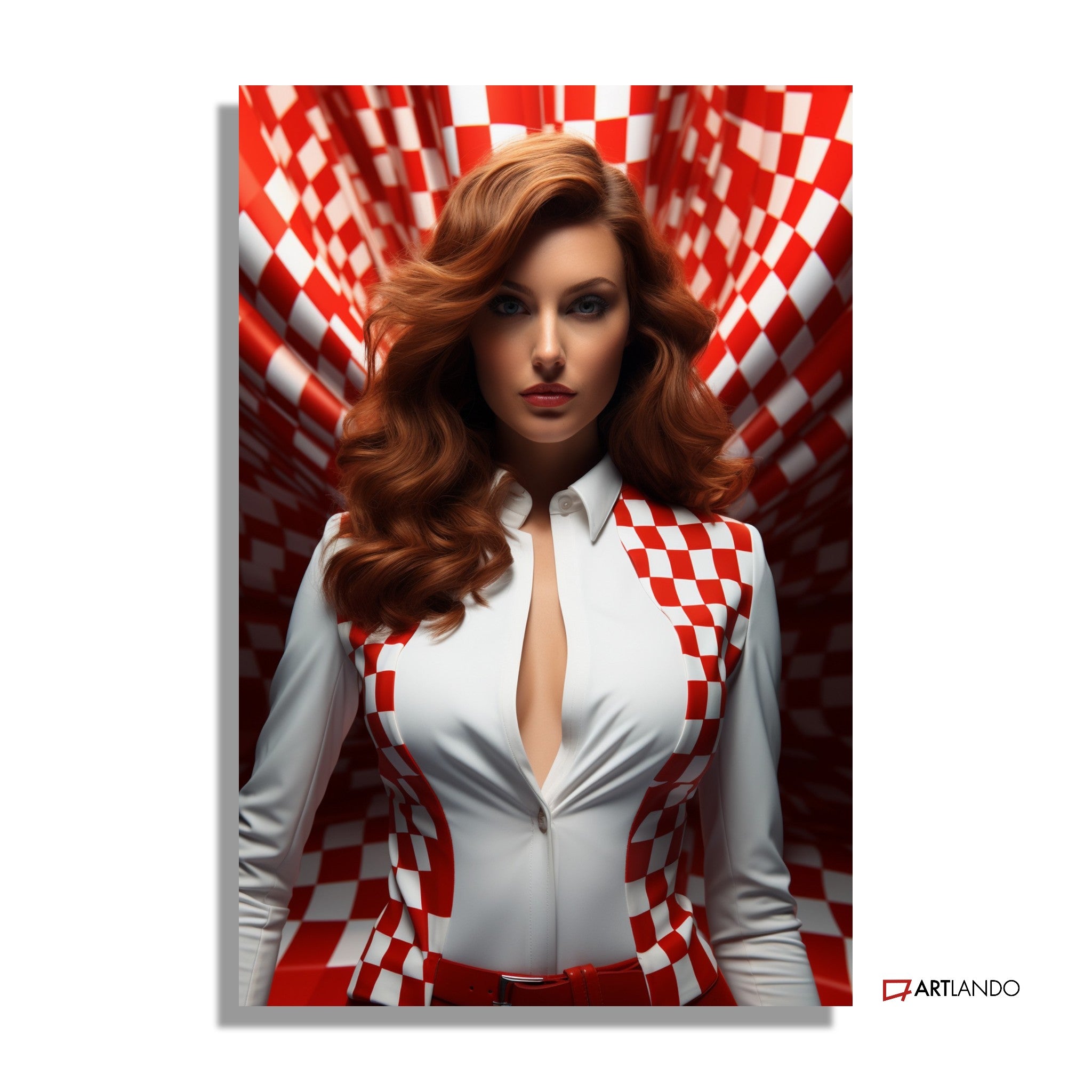 Model in rot-weiß kariertem Kroatien-Anzug