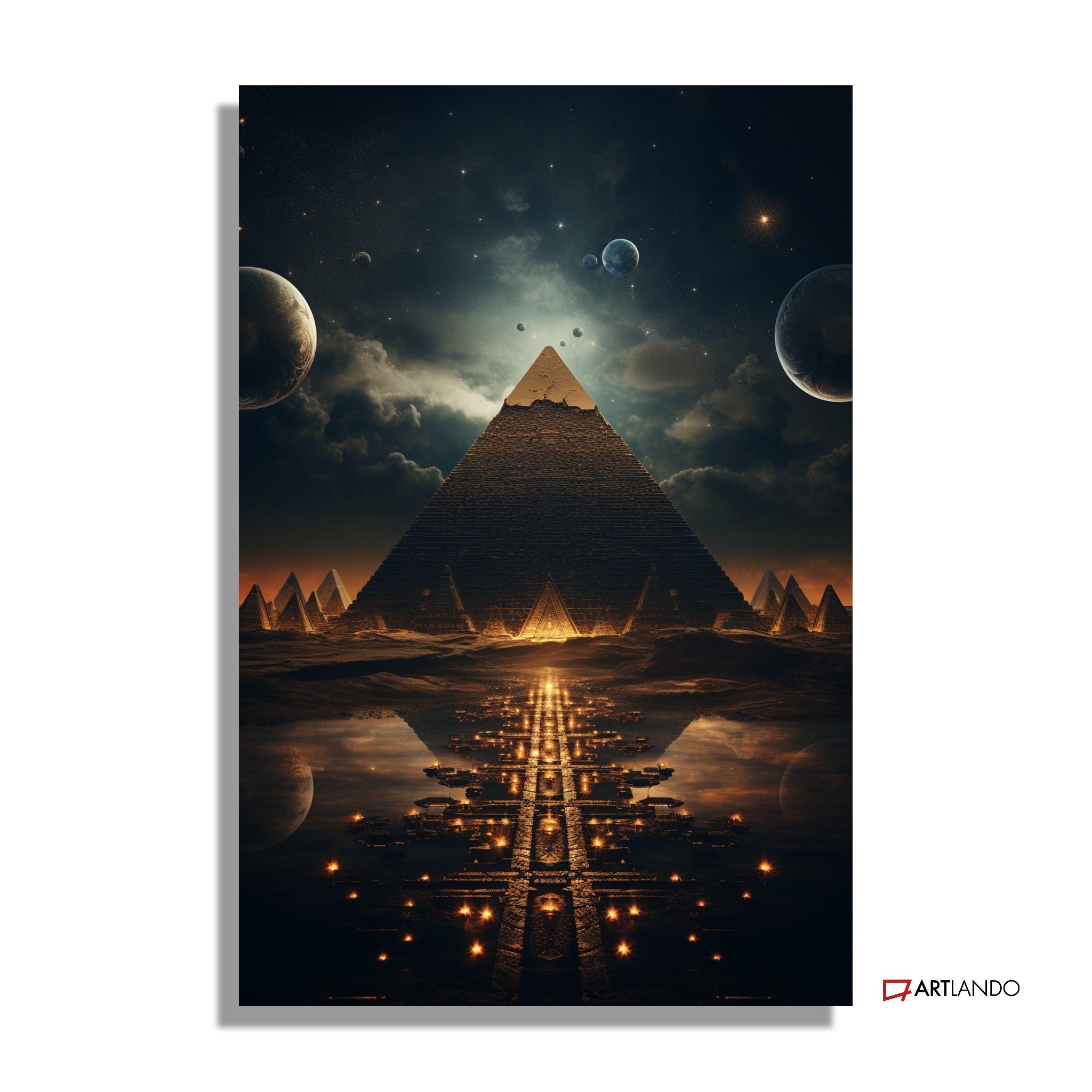 Pyramiden von Gizeh in utopischer Welt umgeben von Planeten