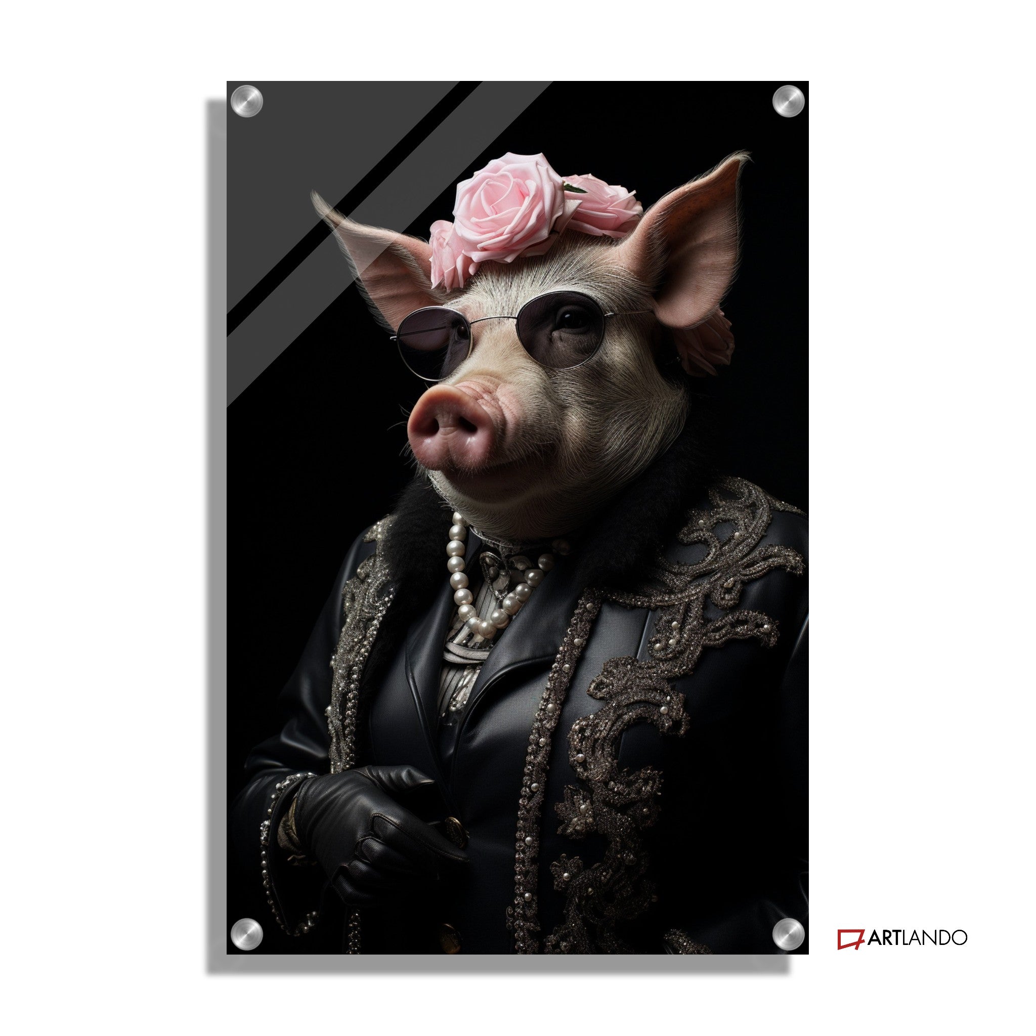 Schwein in extravagantem Outfit mit Sonnenbrille und Rosen