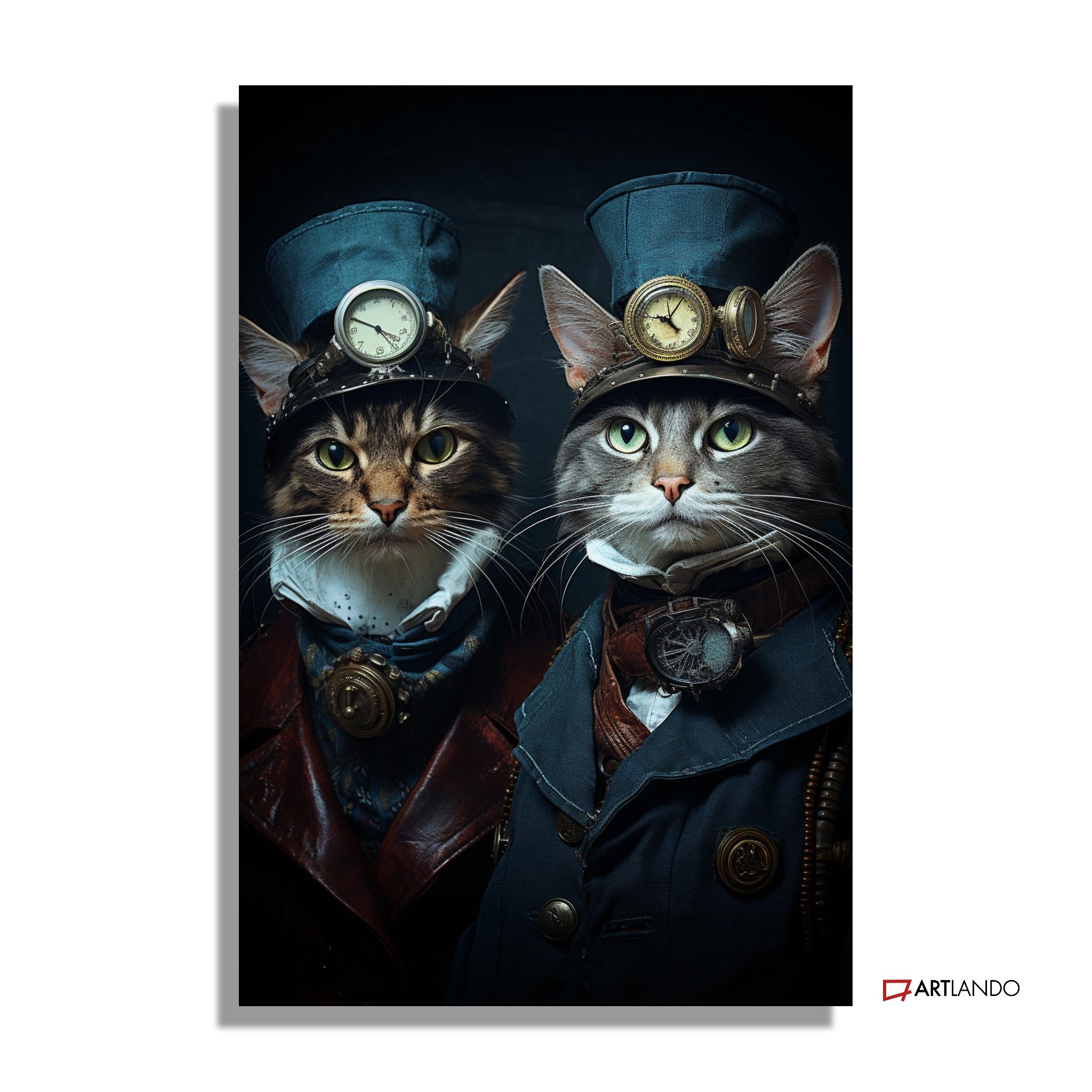 Zwei Katzen in historischem Kostüm mit Zylinder und Uhr