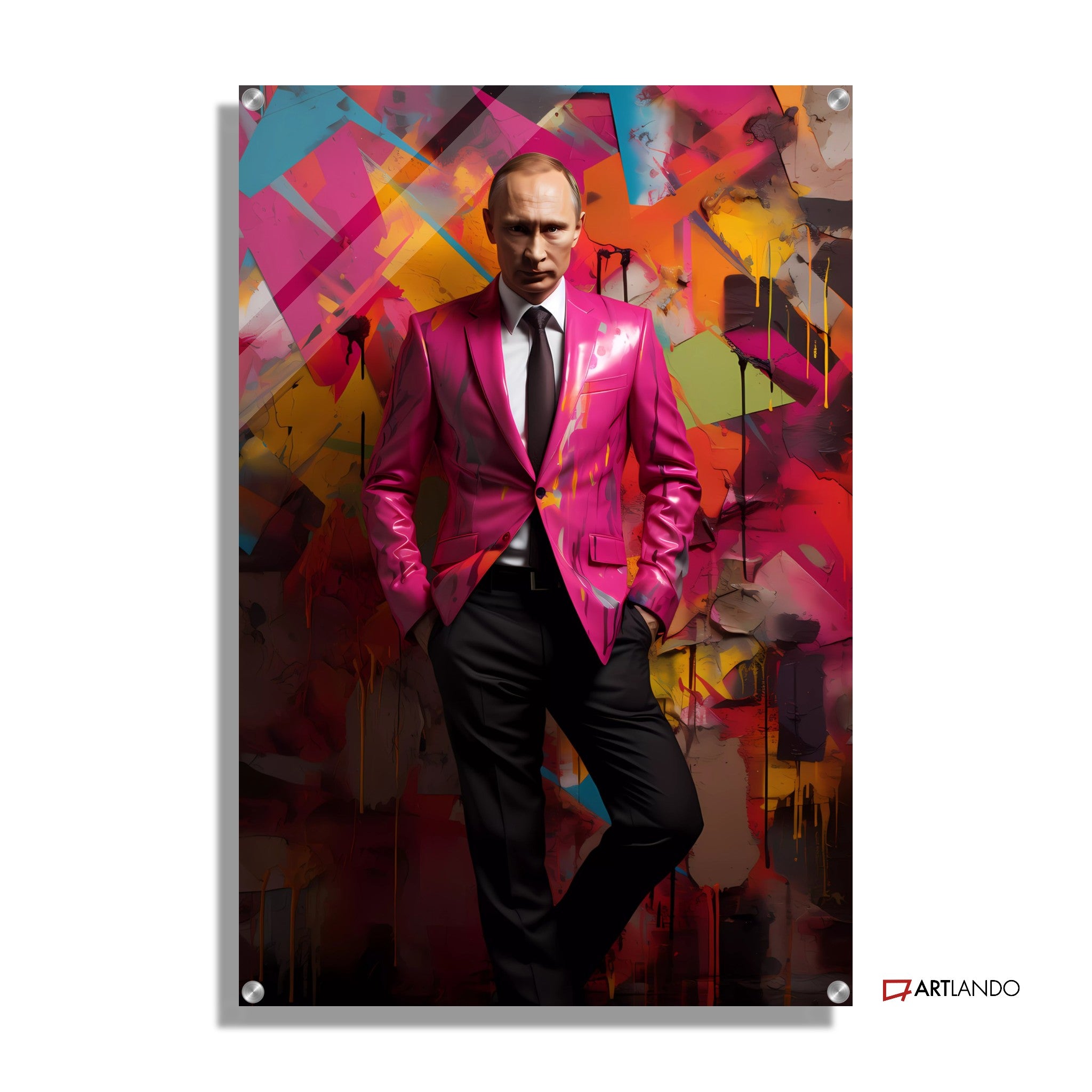 Vladimir Putin im rosa Sakko vor Graffitiwand
