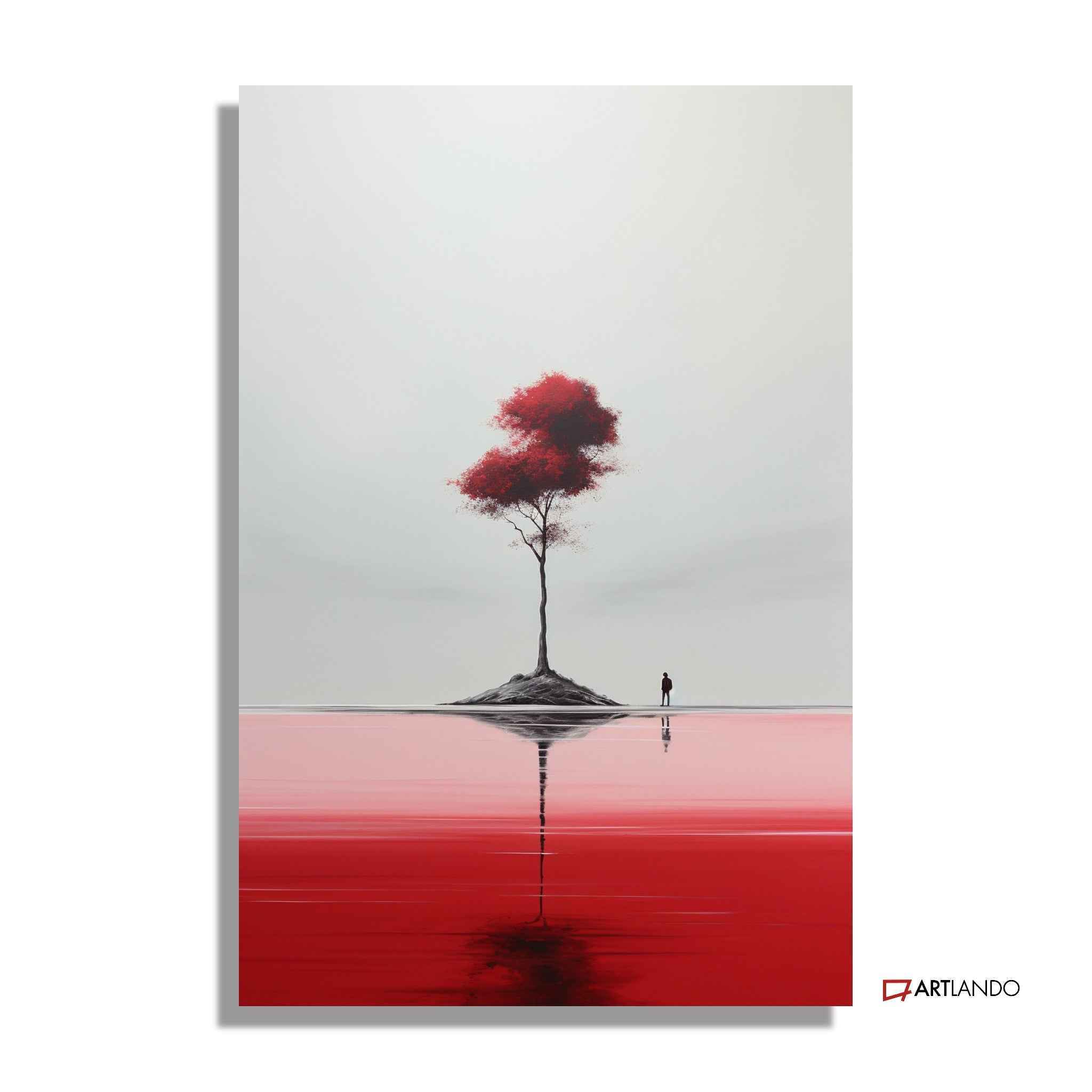 Mann und Baum auf einer Insel umgeben von rotem Wasser - Minimalistische Kunst