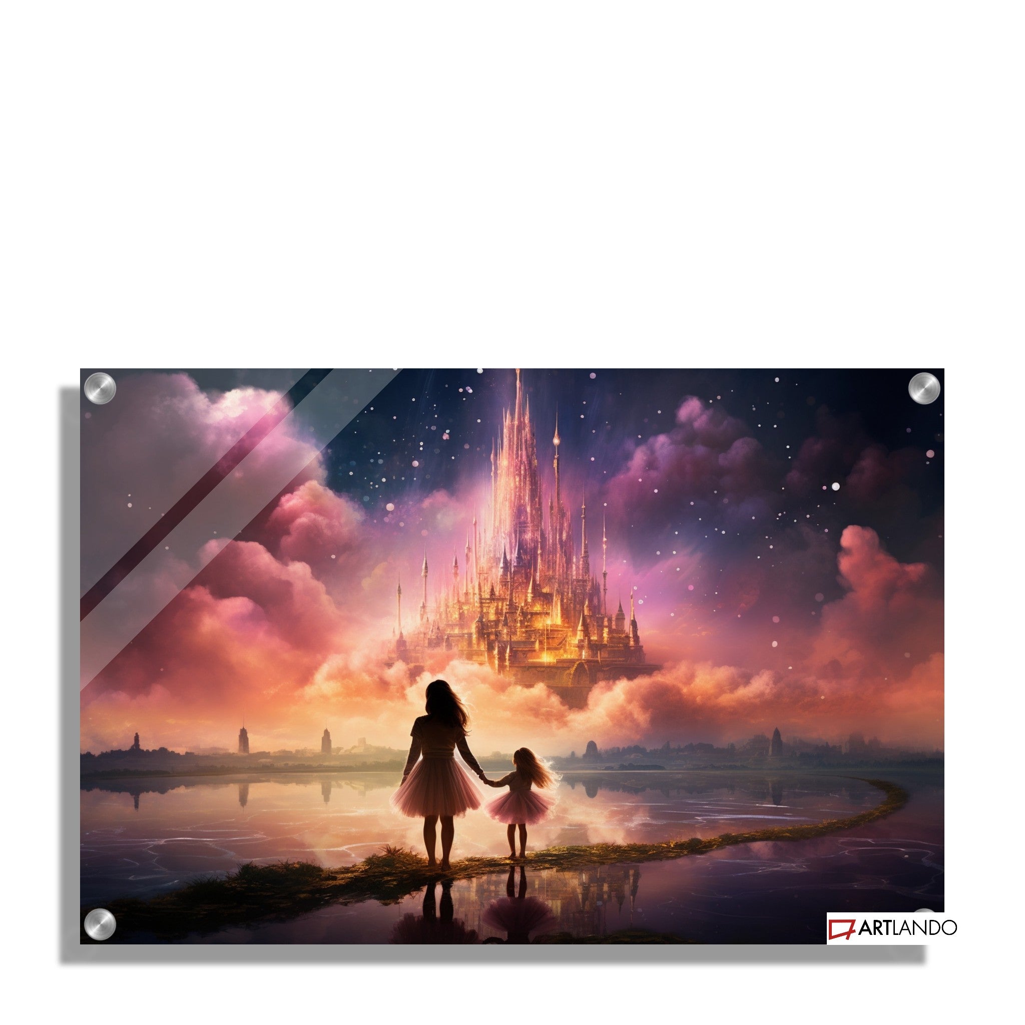 Zwei Mädchen blicken auf magisches Schloss umgeben von pinken Wolken