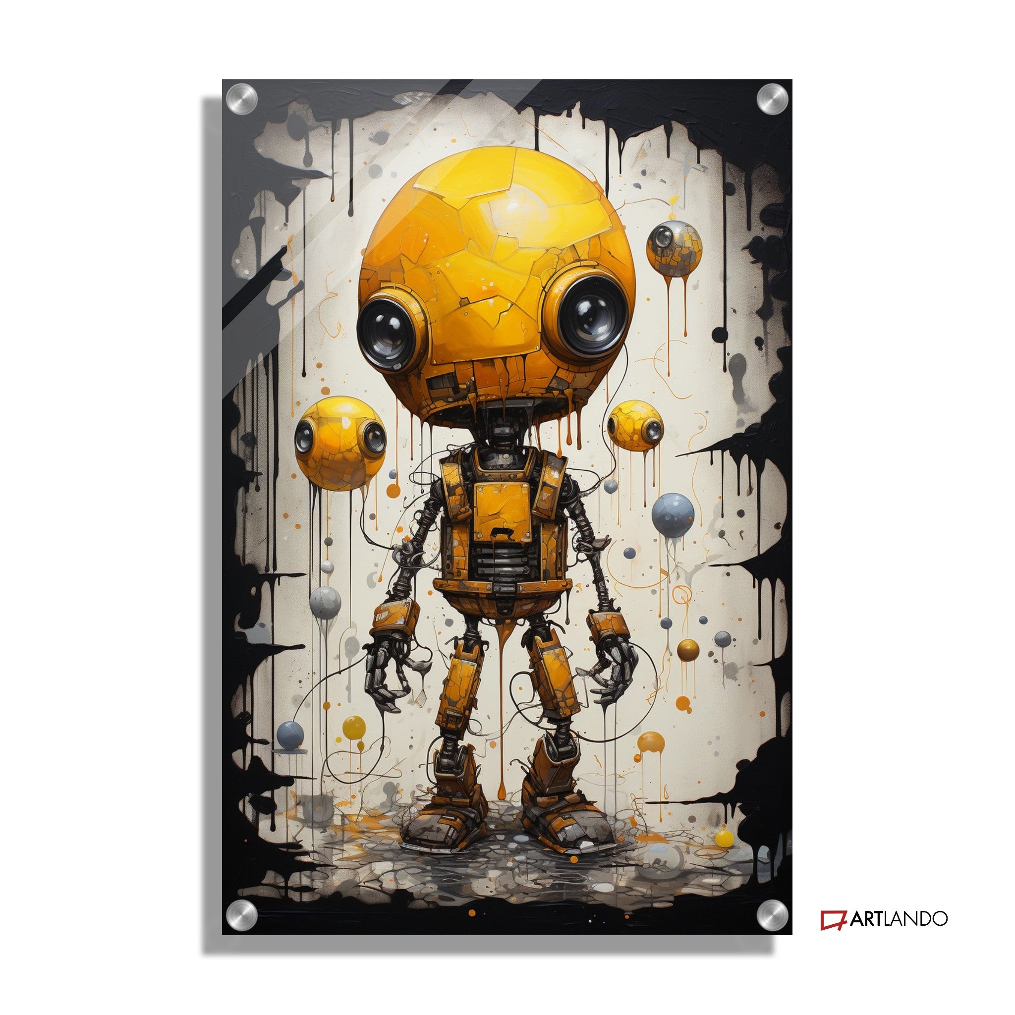 Gelber Roboter mit schwebenden Bällen und Graffiti-Hintergrund