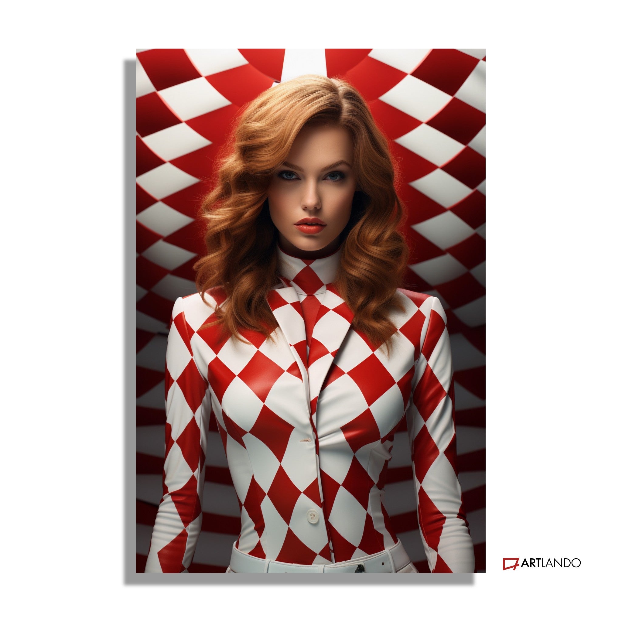 Model in rot-weiß kariertem Kroatien-Anzug
