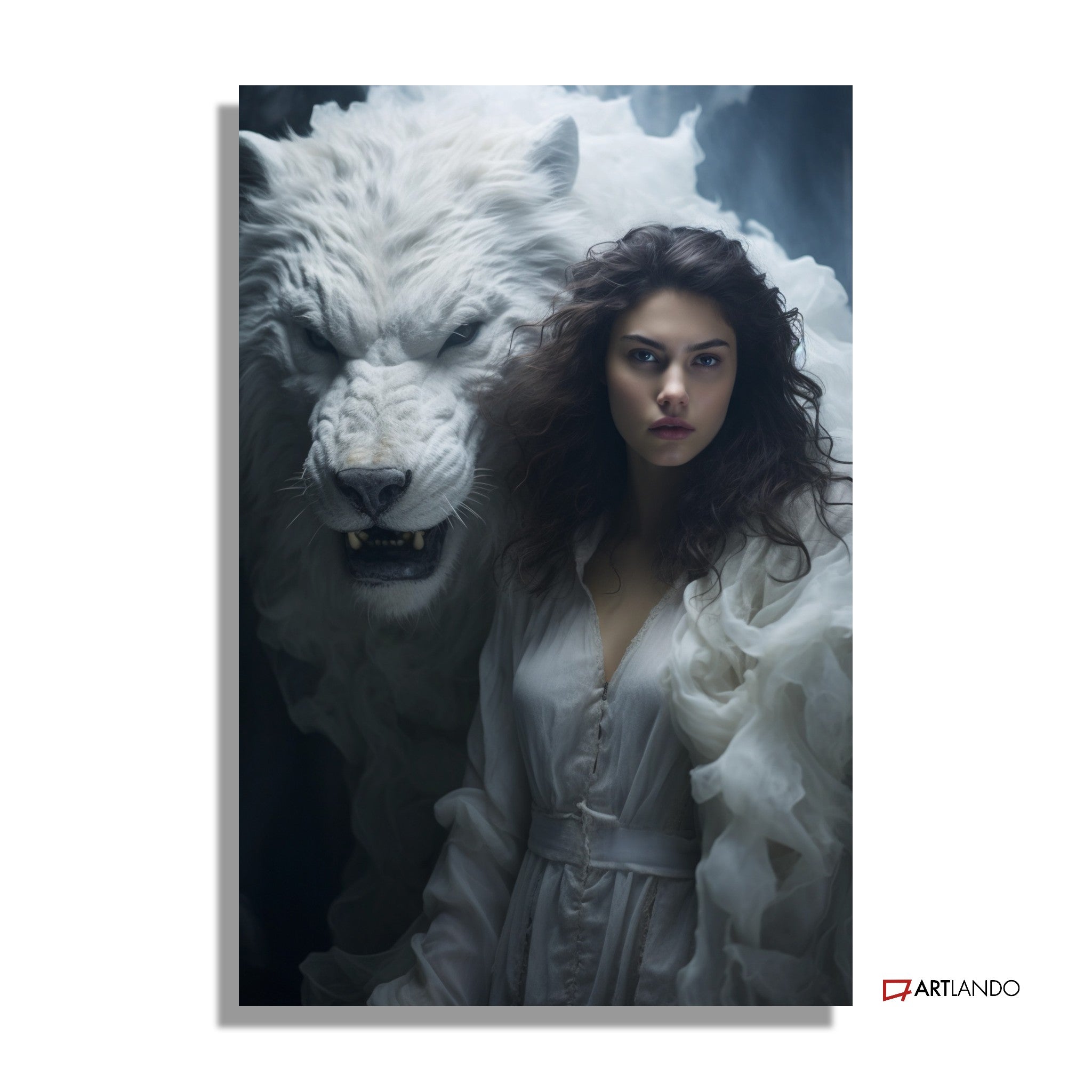 Frau und großer weißer Wolf im Nebel