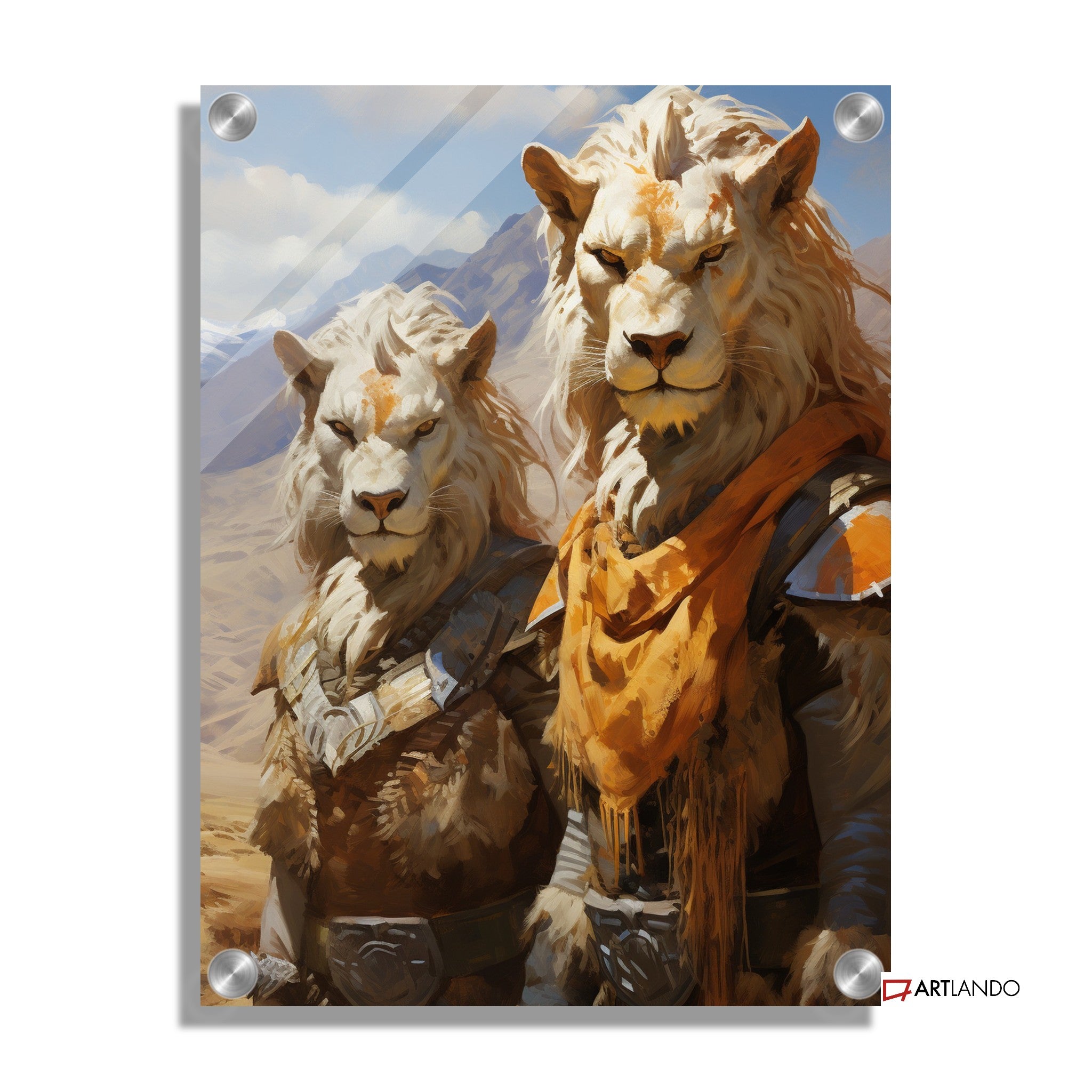 Zwei Löwen Krieger Humanoide in Berglandschaft