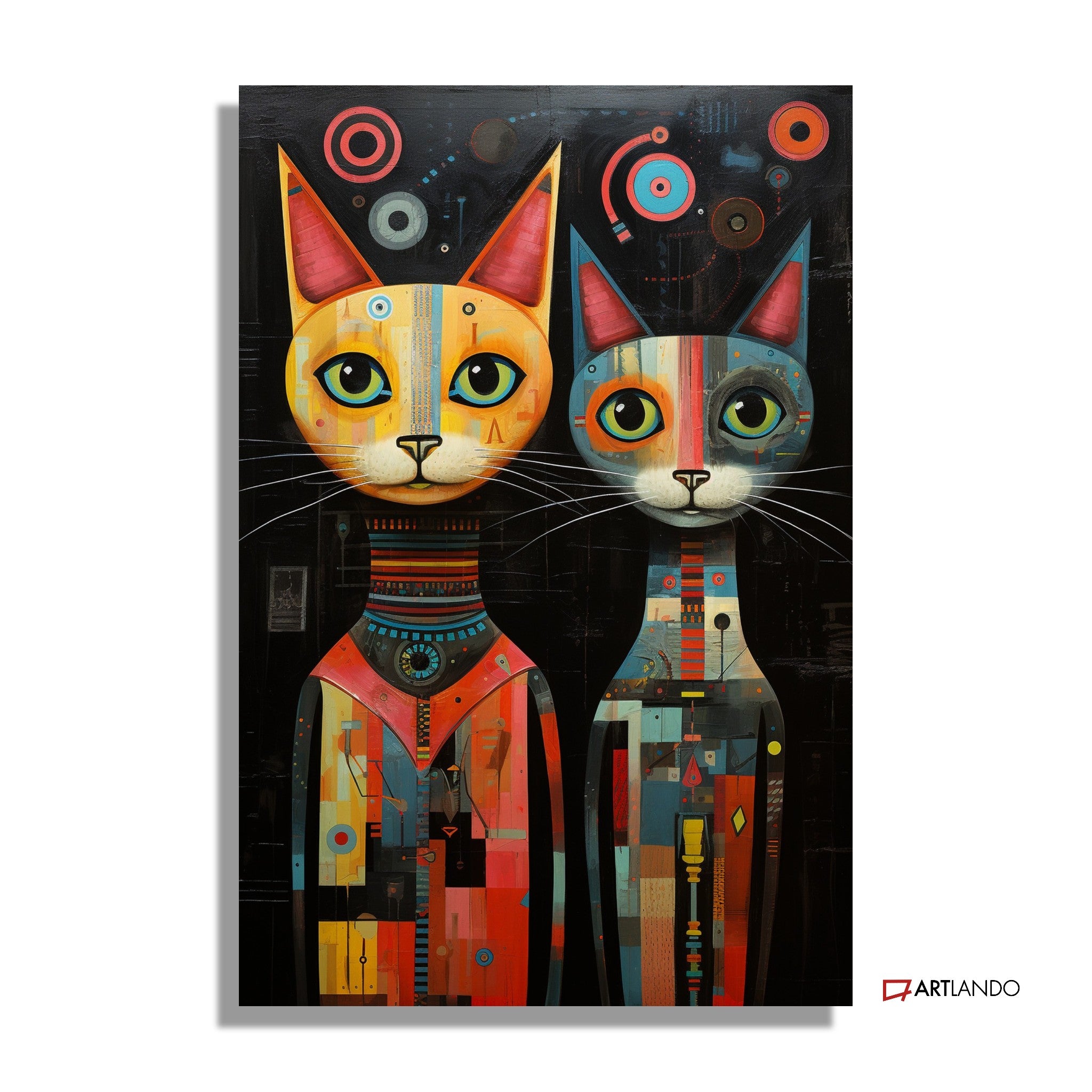 Zwei bunte Katzen vor schwarzem Hintergrund - Kubismus Stil