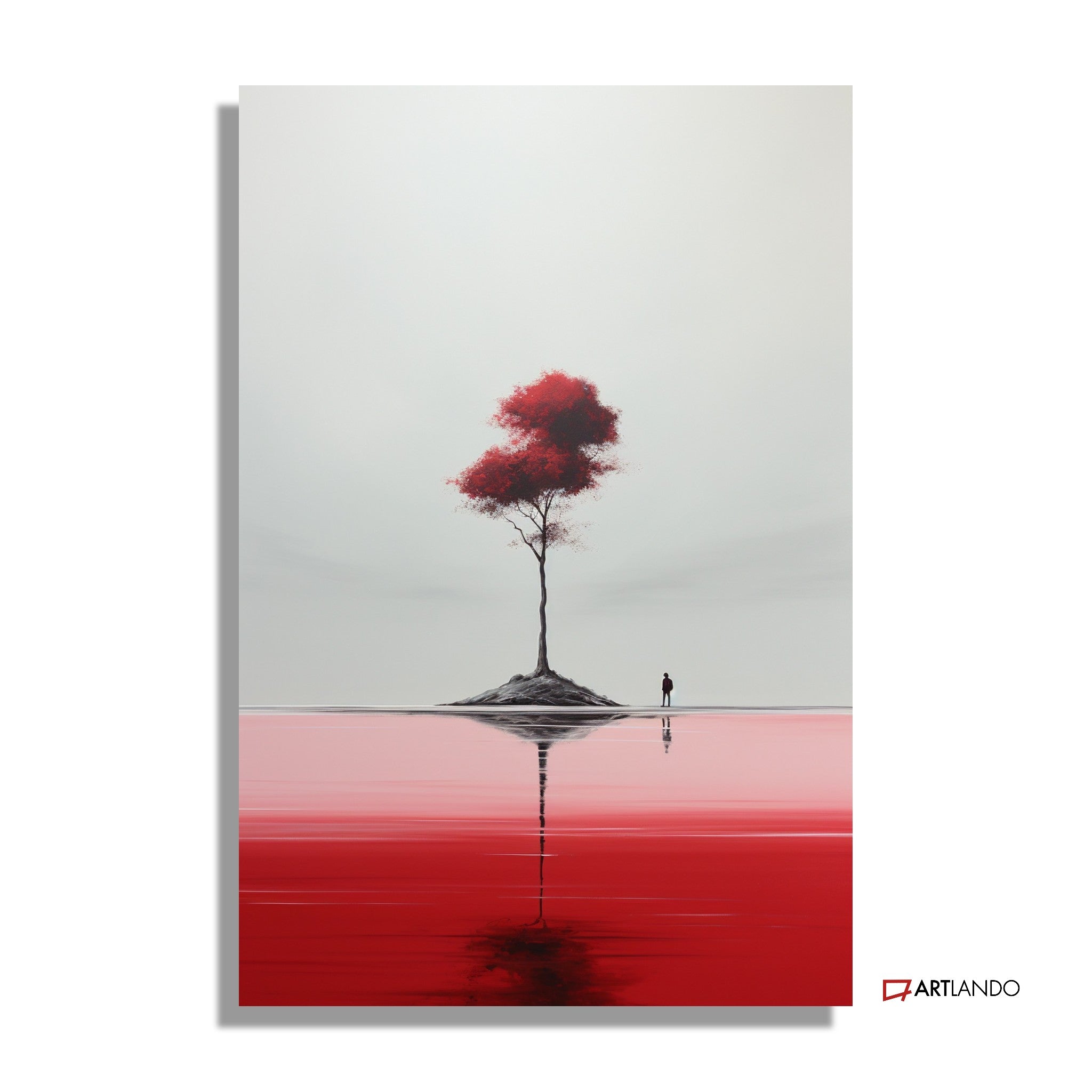 Mann und Baum auf einer Insel umgeben von rotem Wasser - Minimalistische Kunst