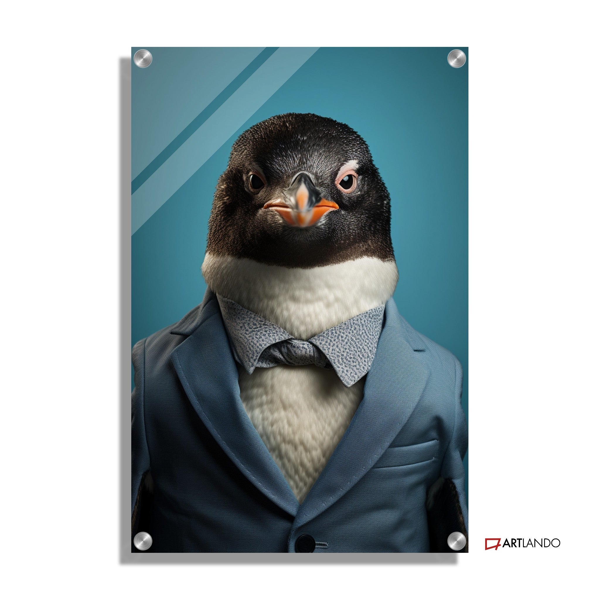 Pinguin als Geschäftsmann in blauem Anzug