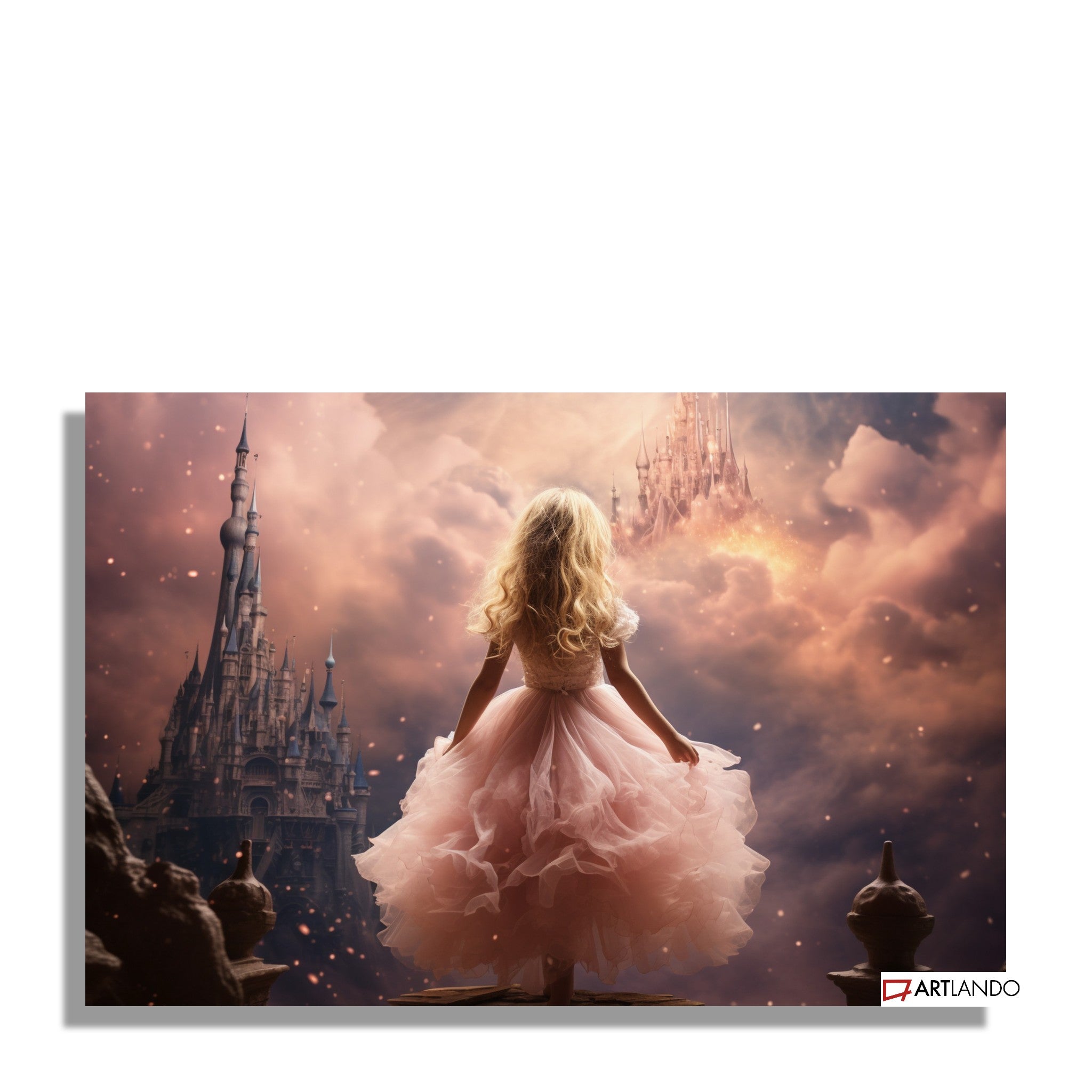 Prinzessin im pinken Kleid umgeben von magischen Schlössern