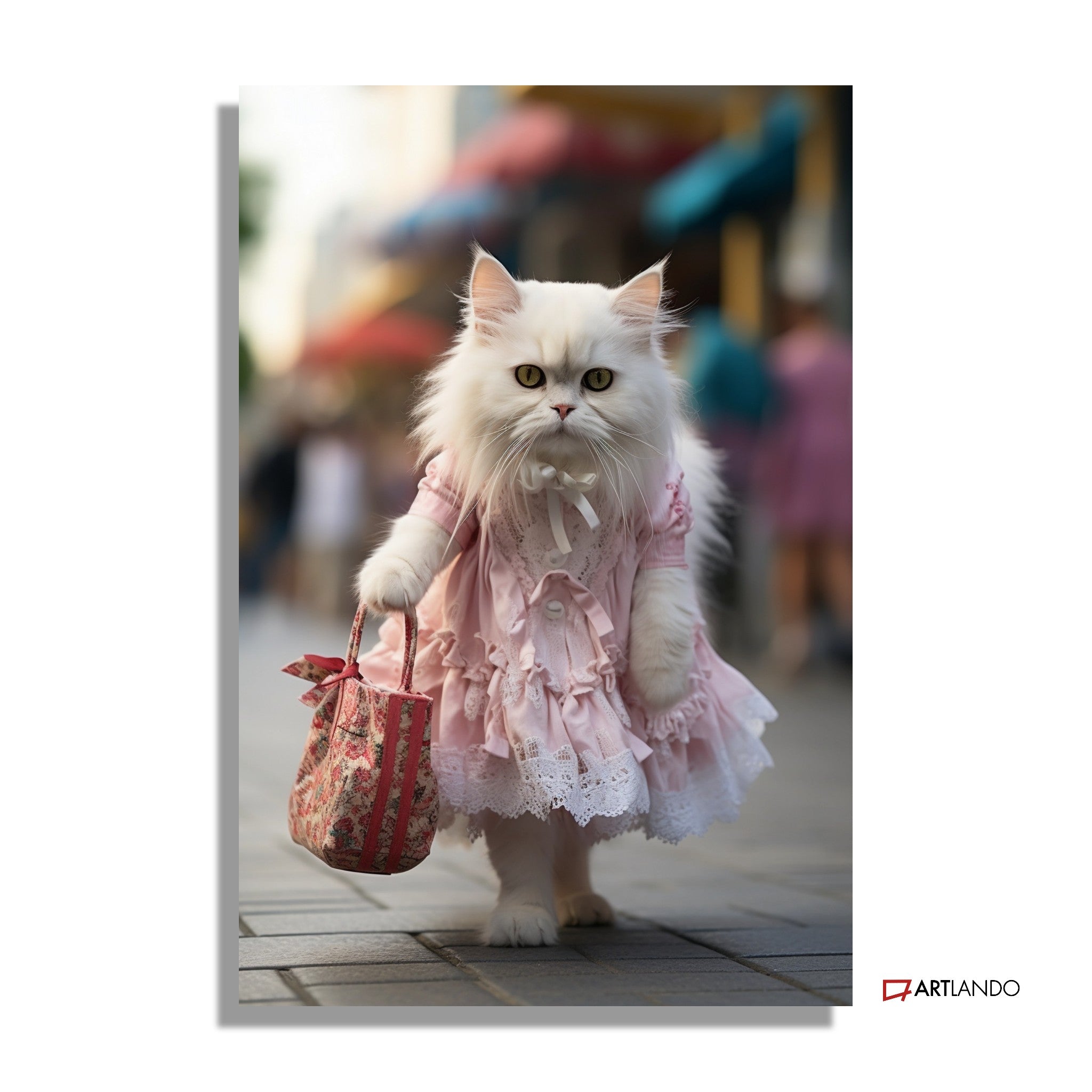 Katzendame in süßem Kleid mit Handtasche spaziert durch Innenstadt