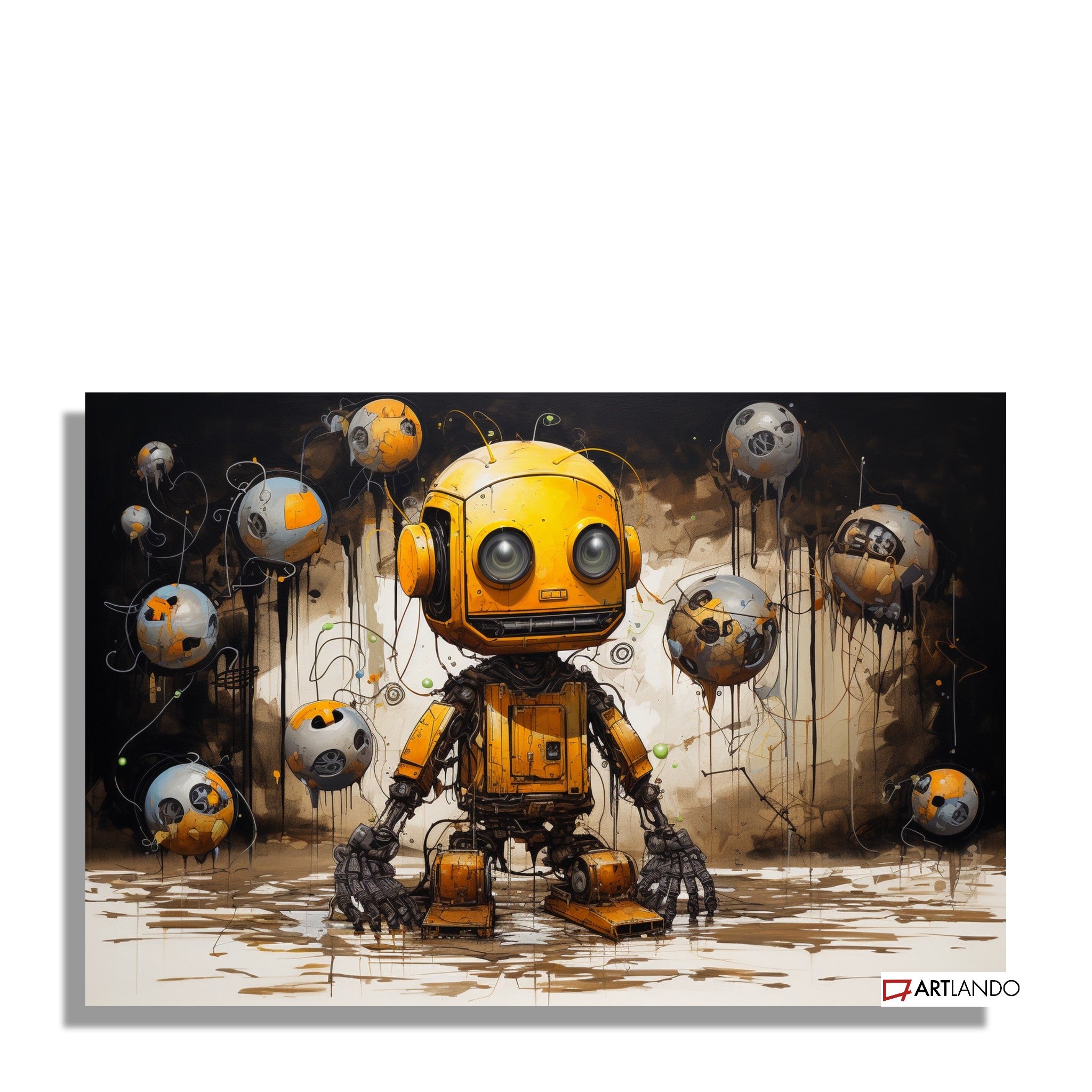 Gelber Roboter mit schwebenden Bällen vor abstraktem Hintergrund