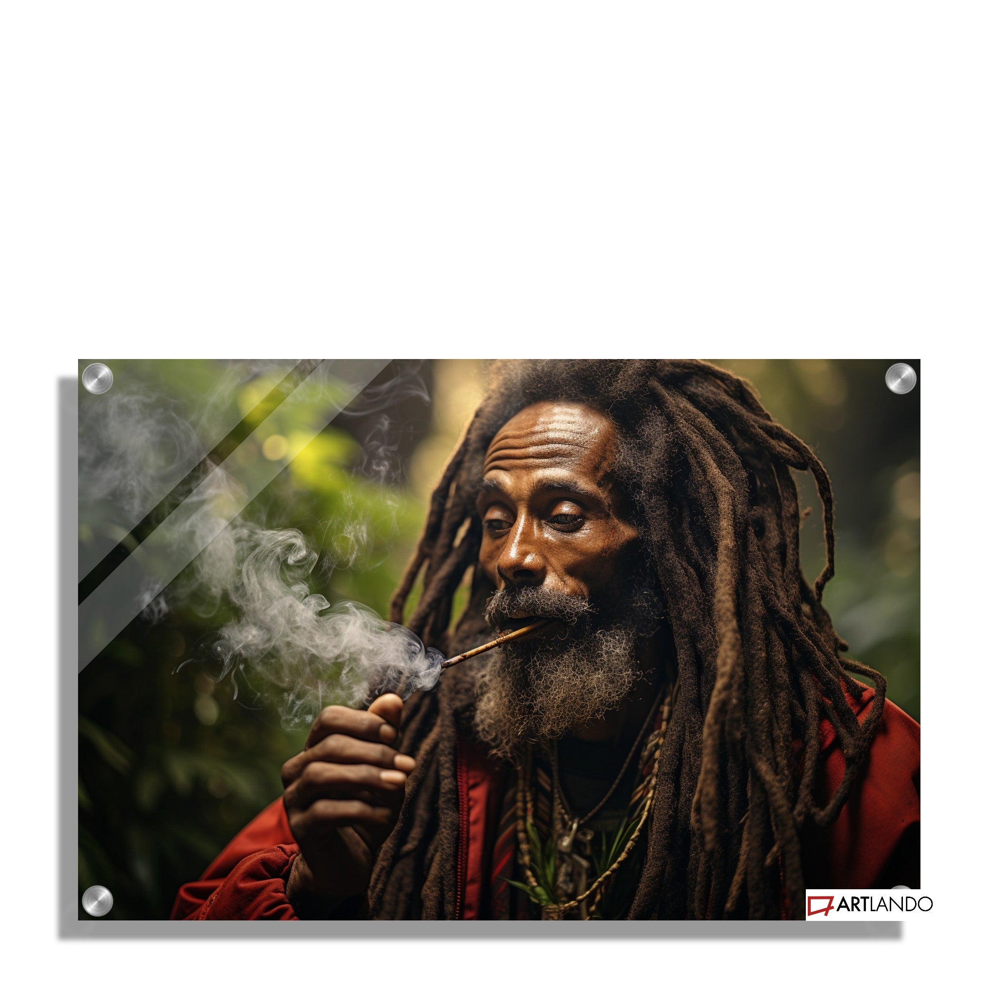 Rastafari umgeben von Cannabis Pflanzen raucht Joint - Portrait Art