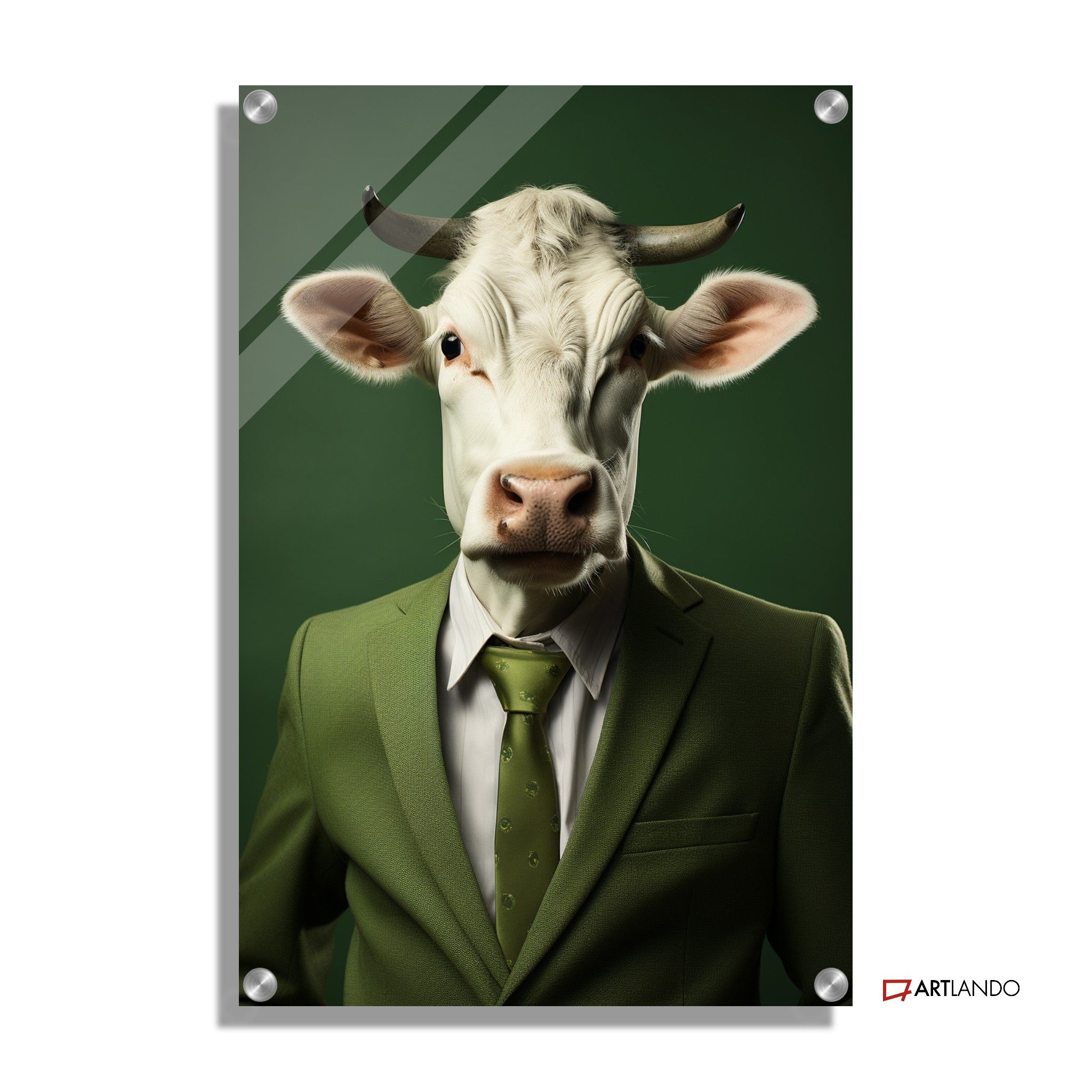 Kuh als Geschäftsmann in grünem Anzug