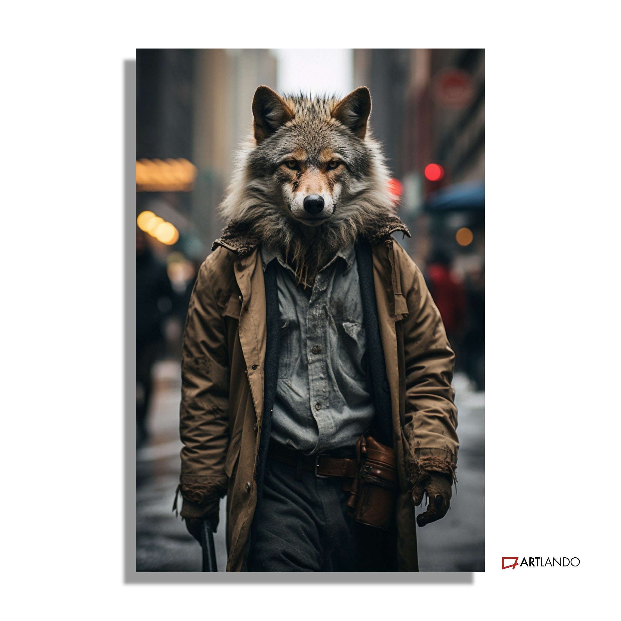 Wolf in beiger Jacke spaziert durch New York