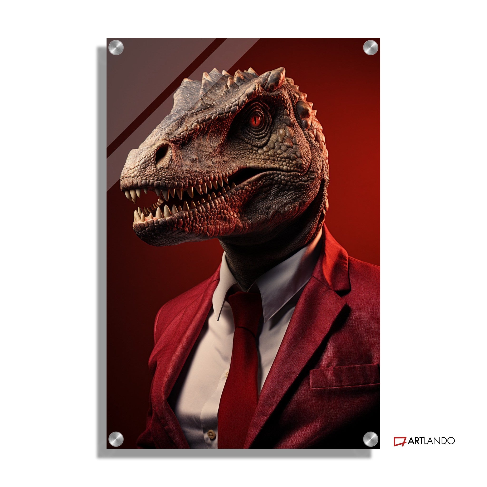 Dinosaurier als Geschäftsmann in rotem Anzug