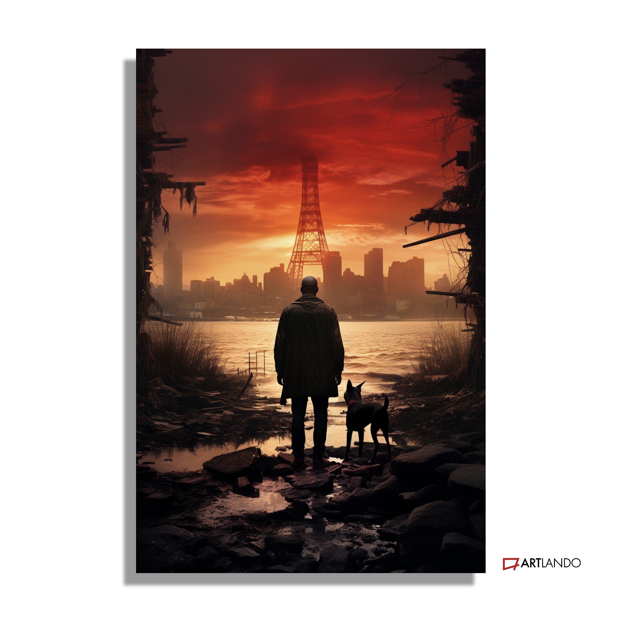 Mann mit Hund blickt auf Paris in dystopischer Stimmung