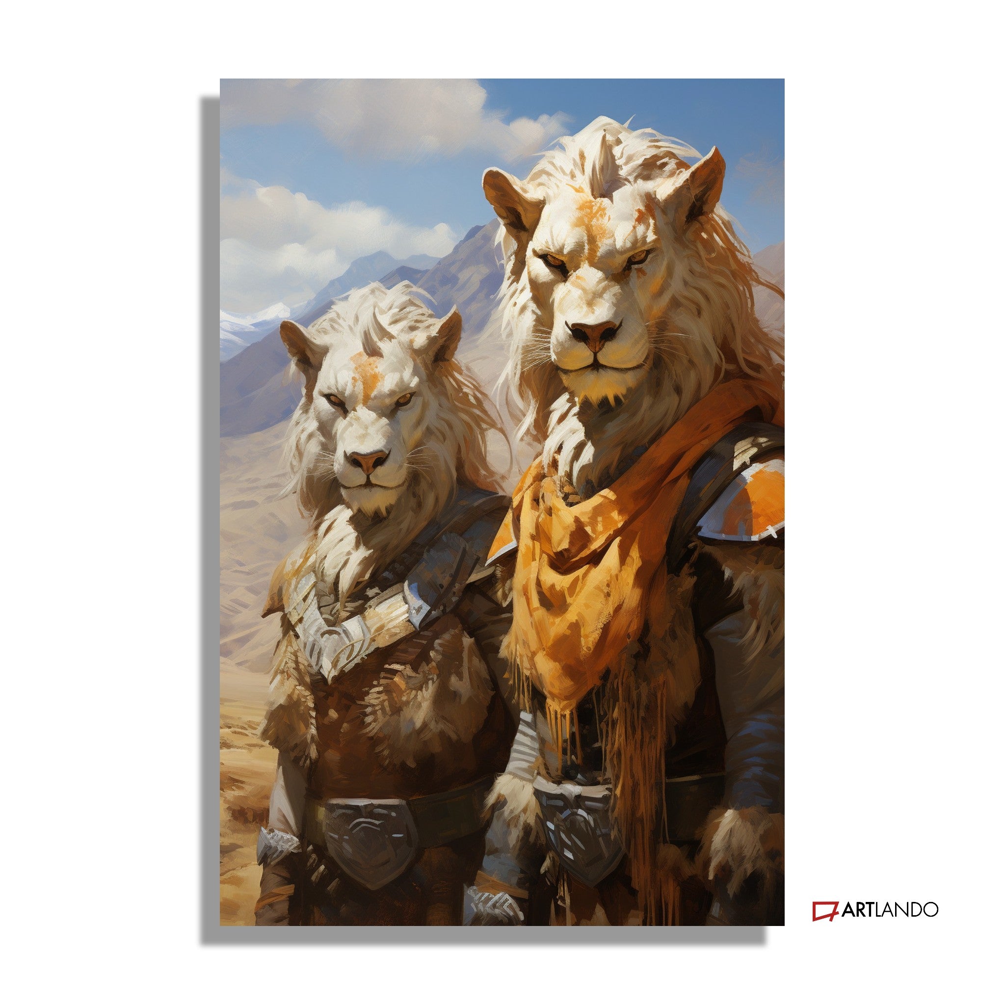 Zwei Löwen Krieger Humanoide in Berglandschaft