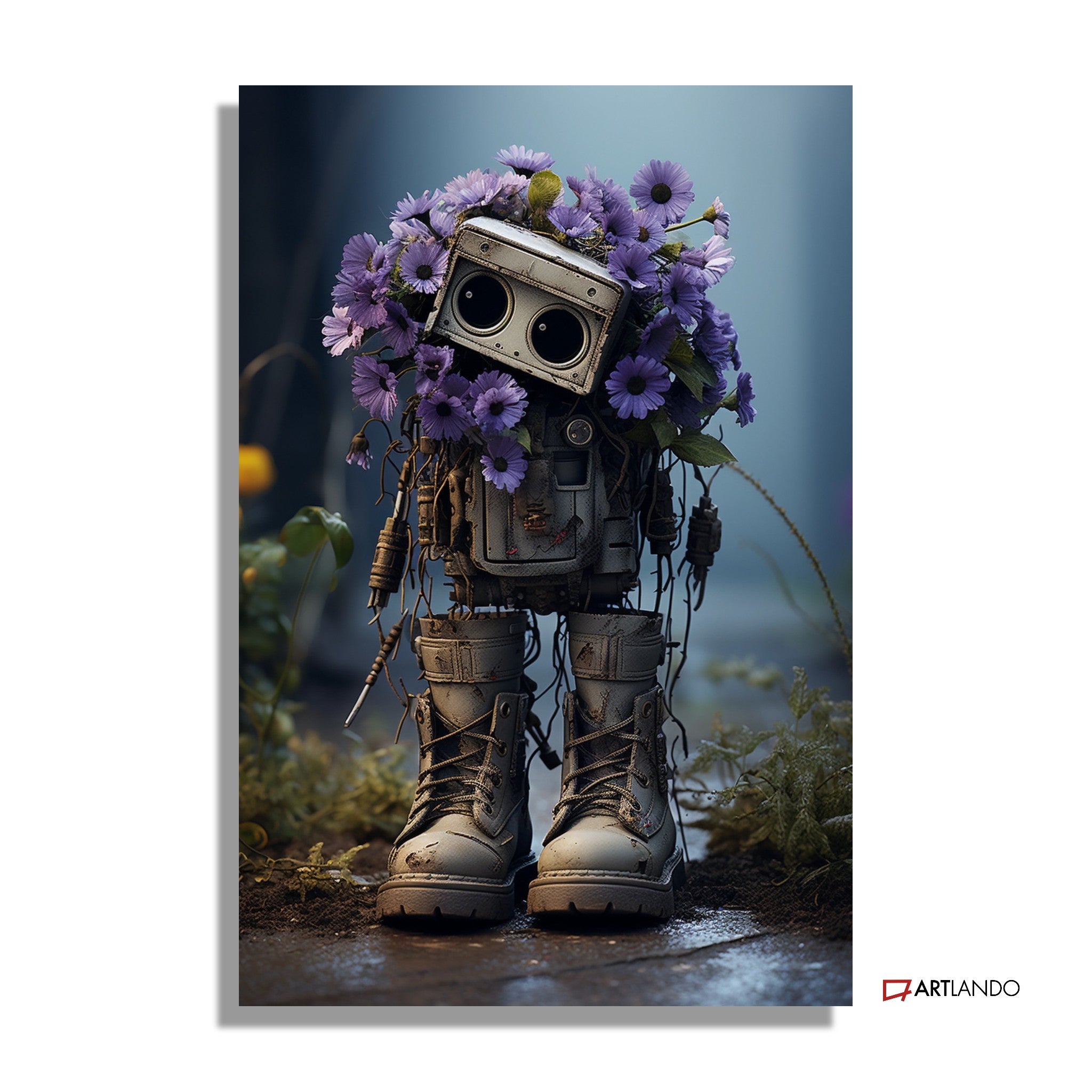 Süßer Roboter mit Stiefeln und lila Blumenstrauß