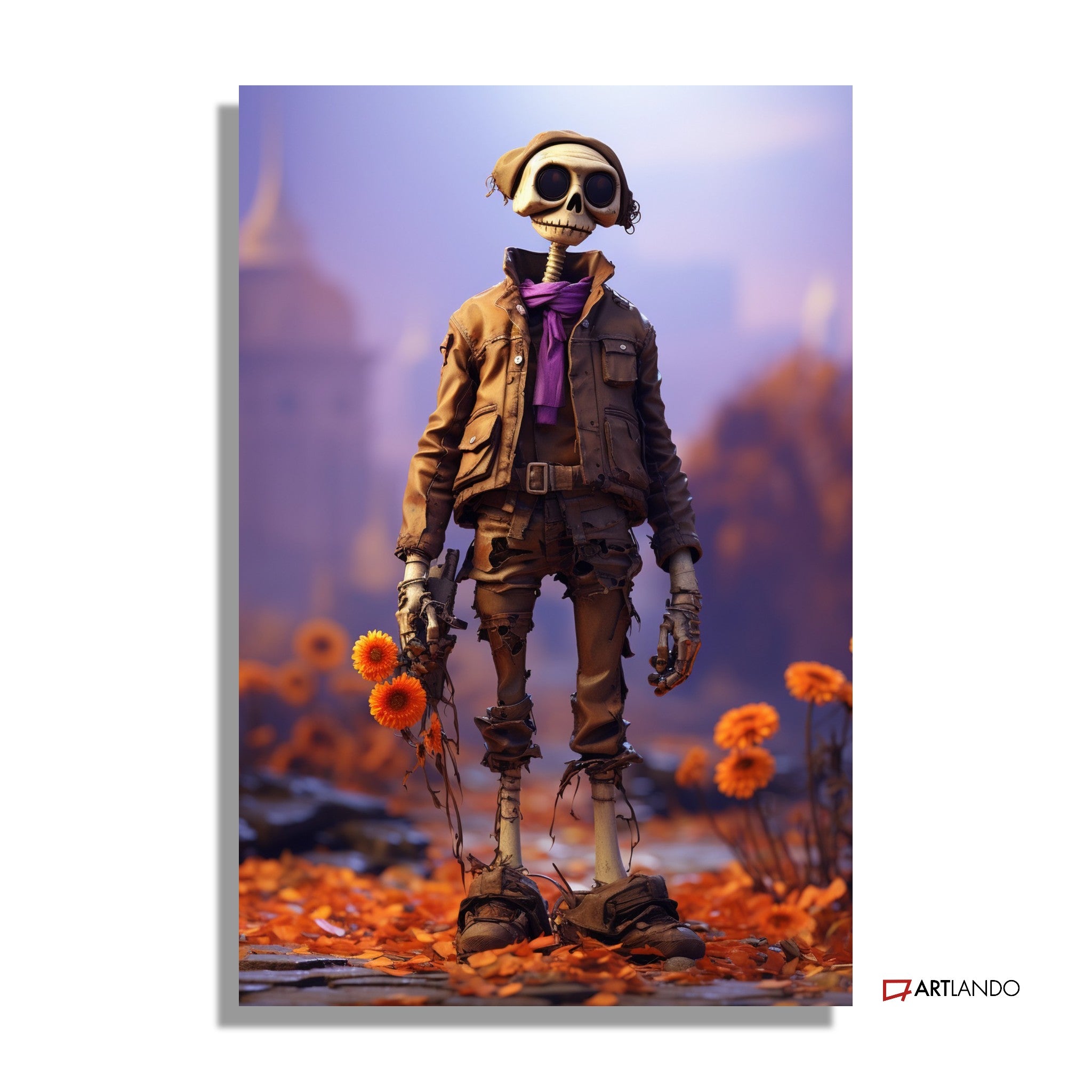 Skelett-Mann mit orangen Blumen in herbstlicher Landschaft