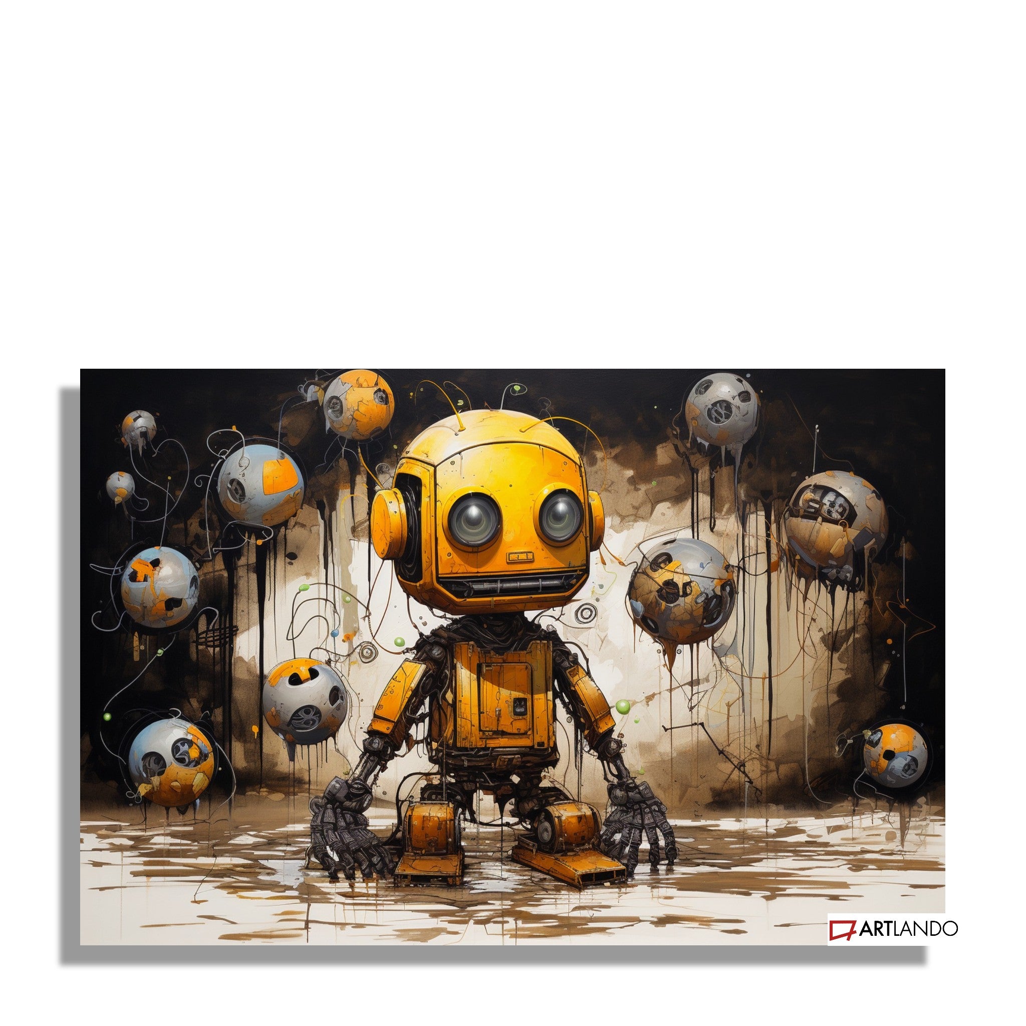 Gelber Roboter mit schwebenden Bällen vor abstraktem Hintergrund