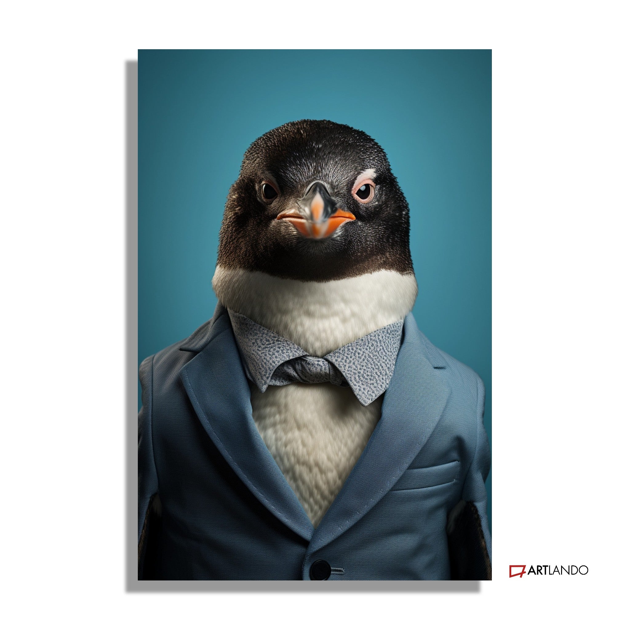 Pinguin als Geschäftsmann in blauem Anzug