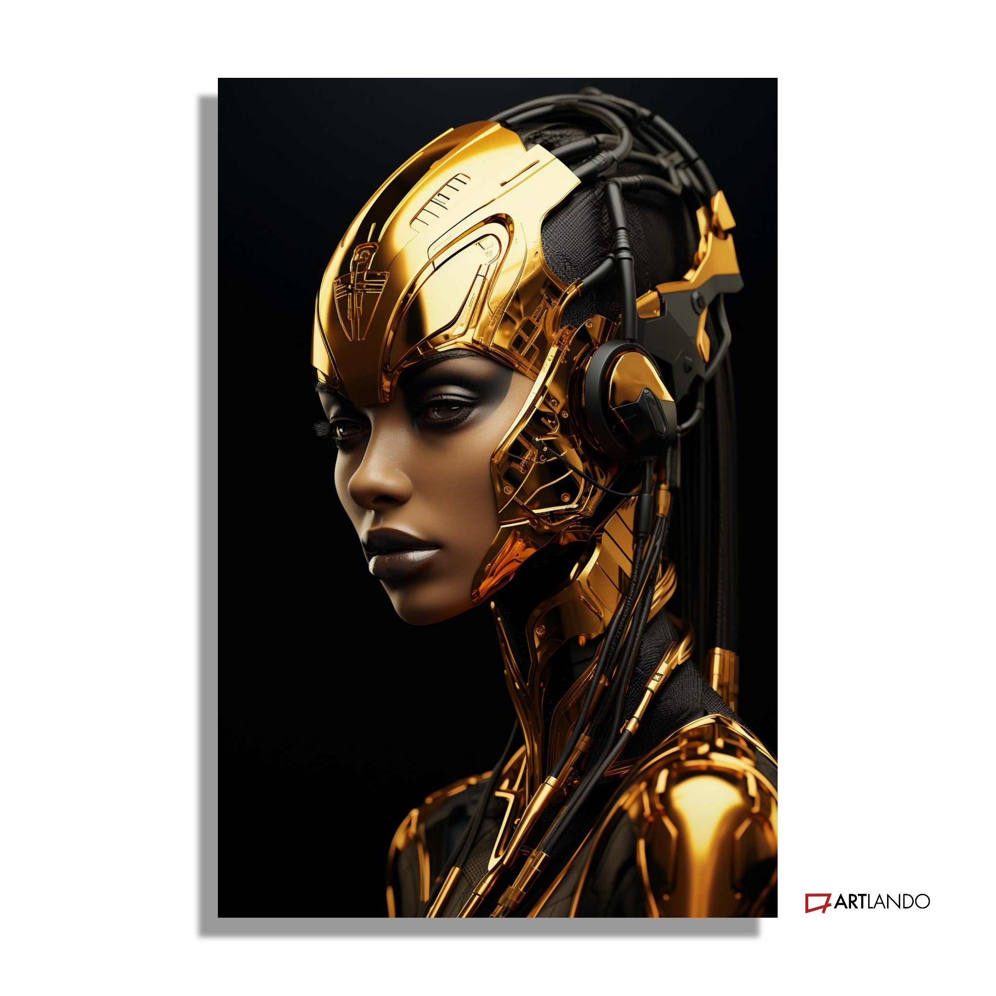 Goldener Cyborg vor schwarzem Hintergrund