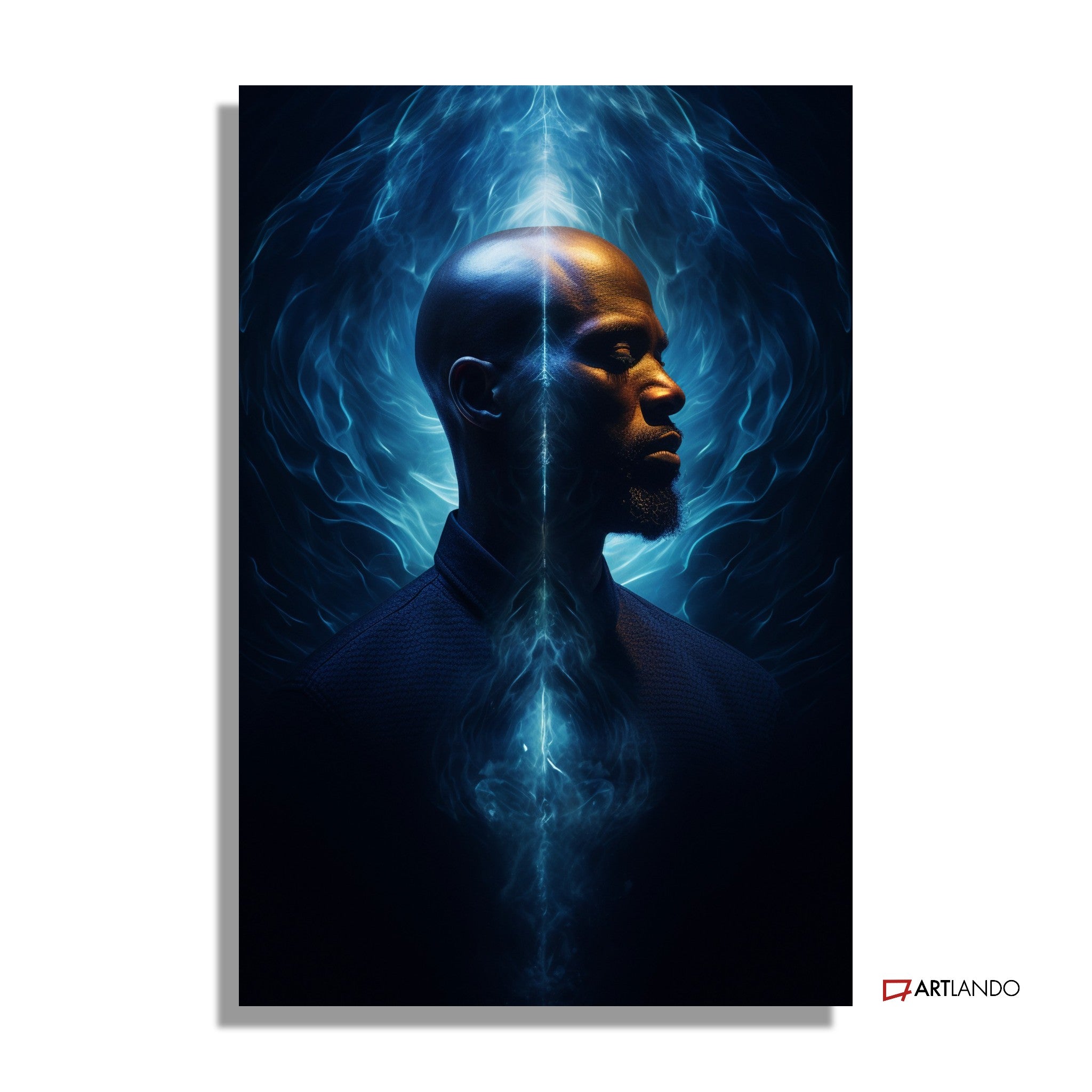 Mann zwischen zwei Welten mit leuchtendem Hintergrund - Portrait Art