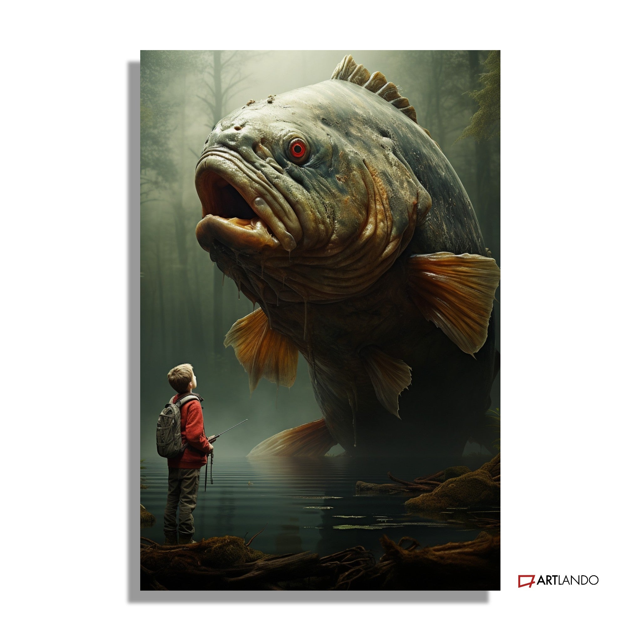 Junge in düsterem See trifft auf Riesenfisch