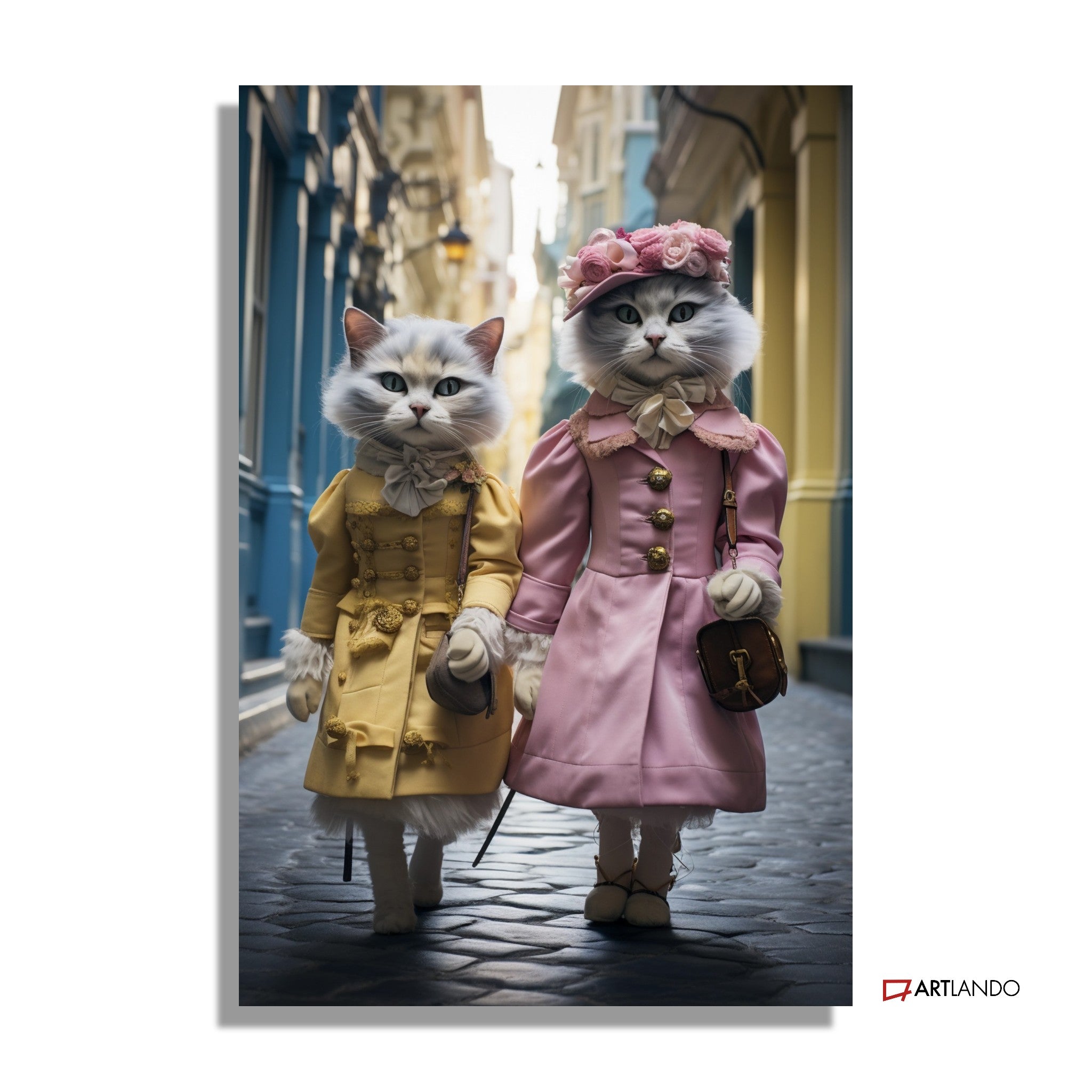Katzendamen in historischer Kleidung spazieren durch Innenstadt