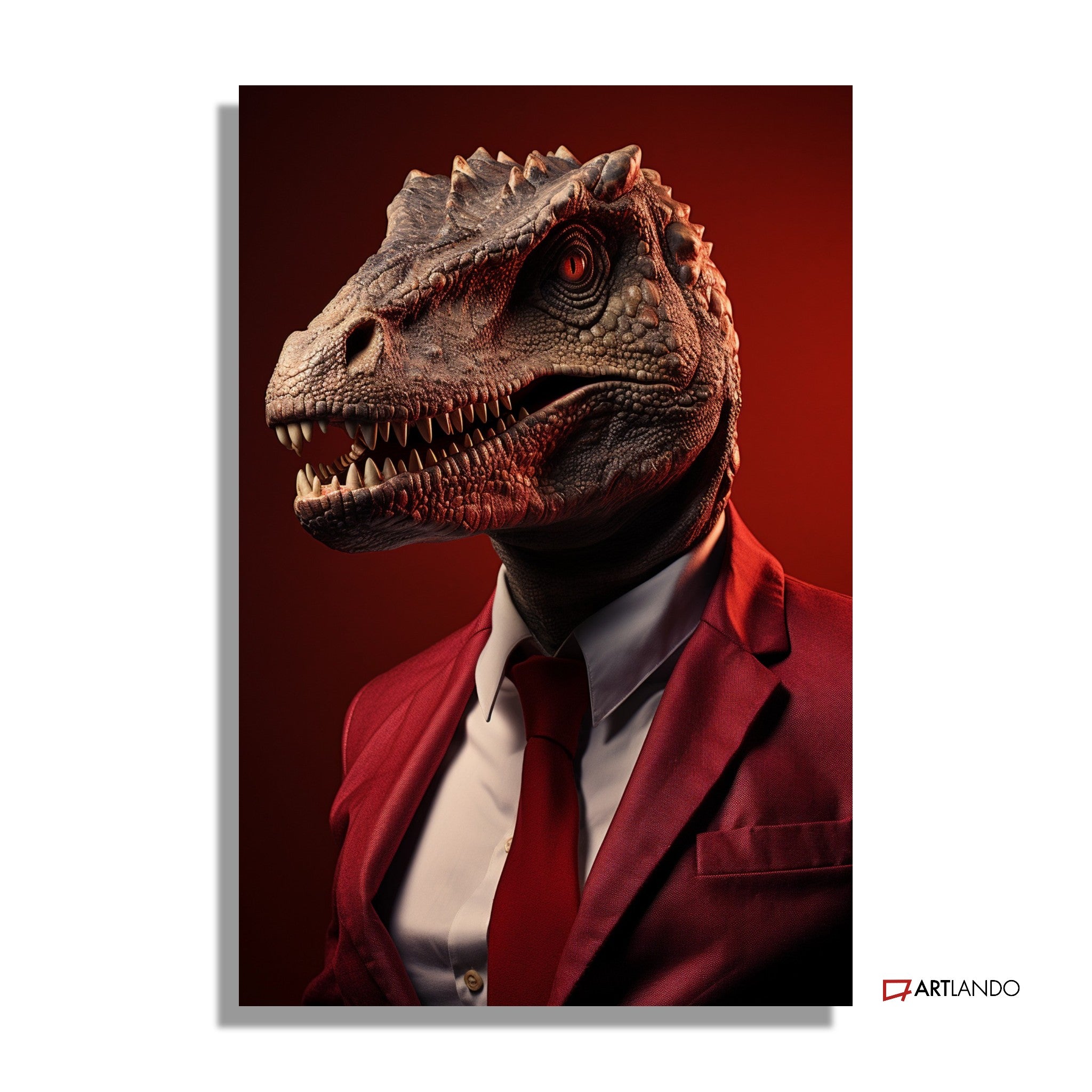 Dinosaurier als Geschäftsmann in rotem Anzug