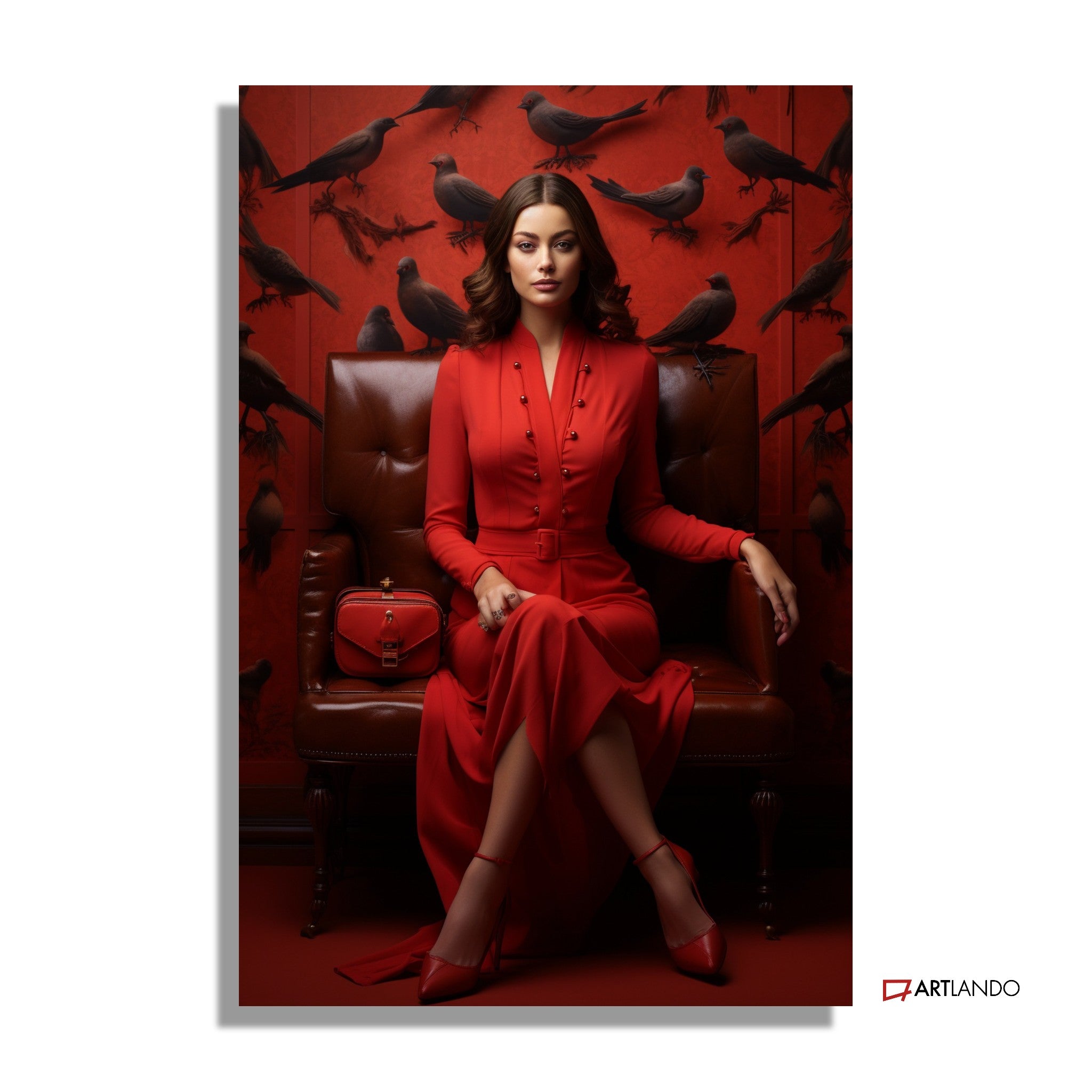 Dame in Rot auf Ledersessel mit Raben-Hintergrund
