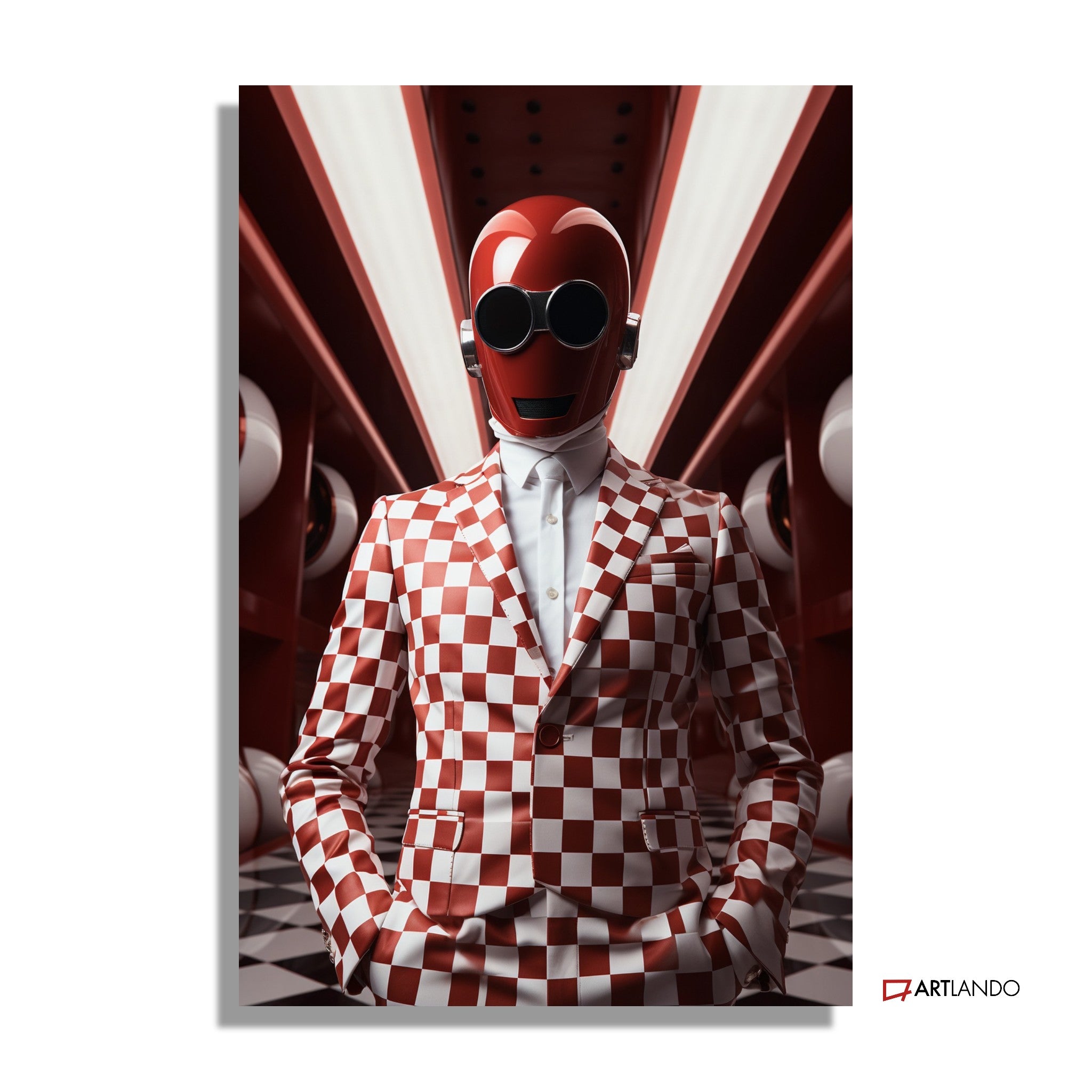 Roboter in rot-weiß kariertem Anzug