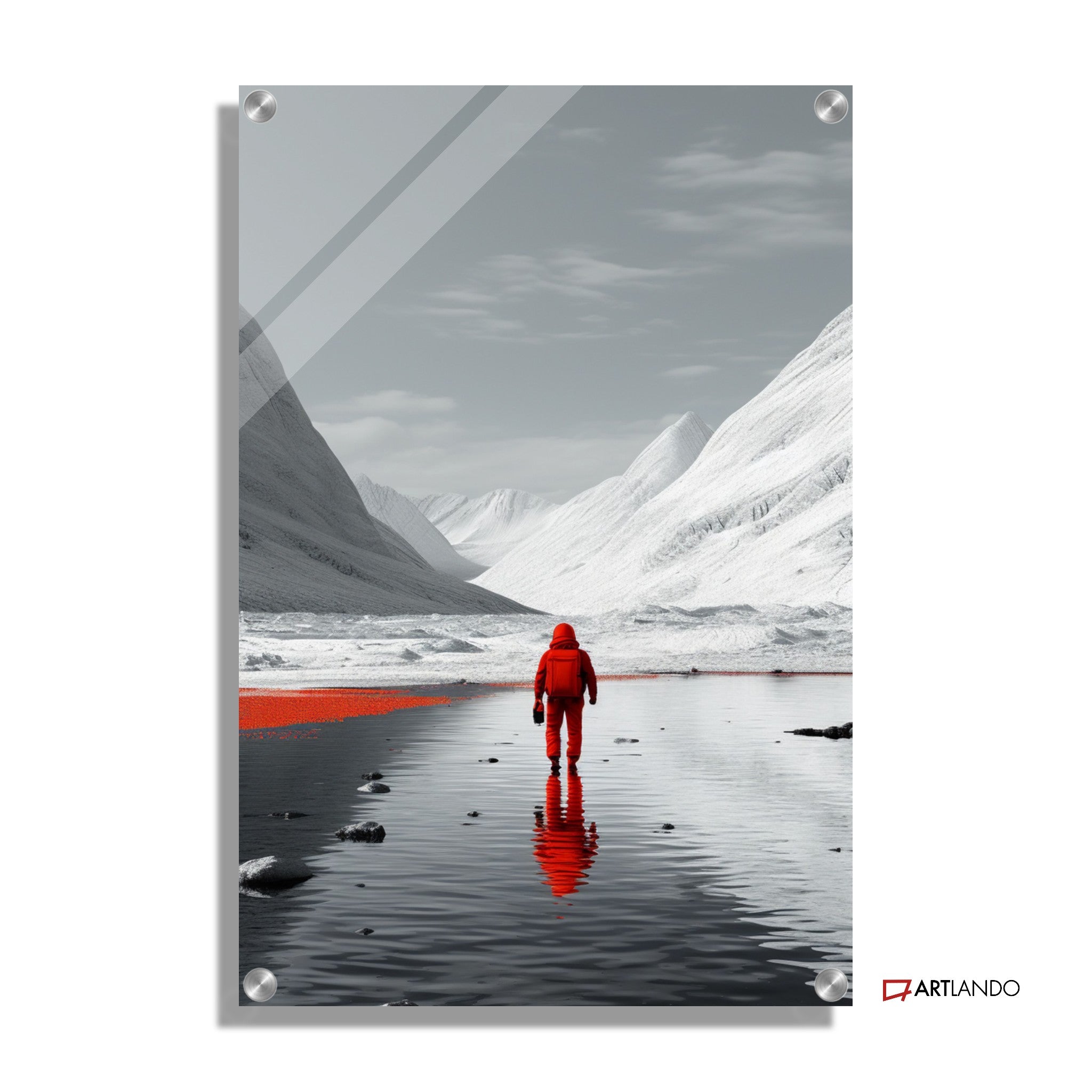 Astronaut in rotem Anzug wandert über einsamen Planeten