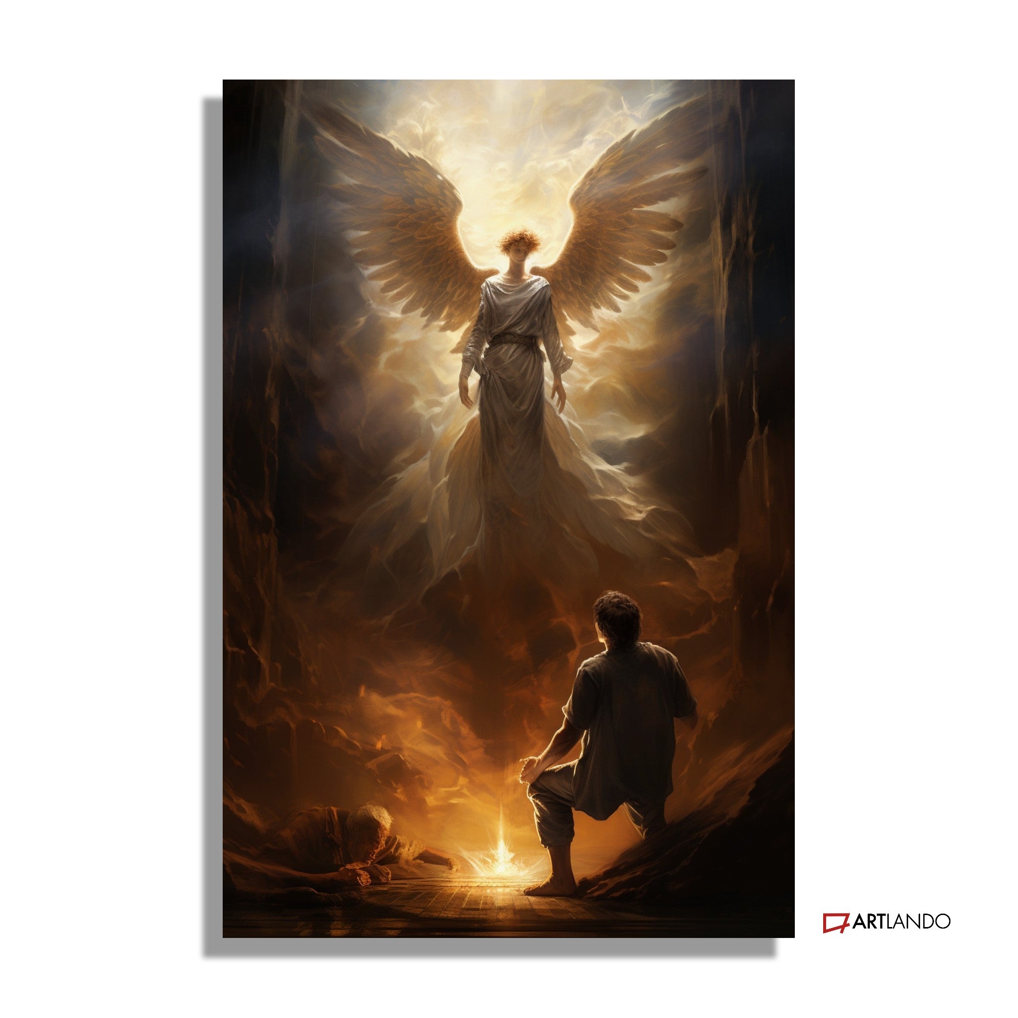 Mann kniet vor himmlischem Engel