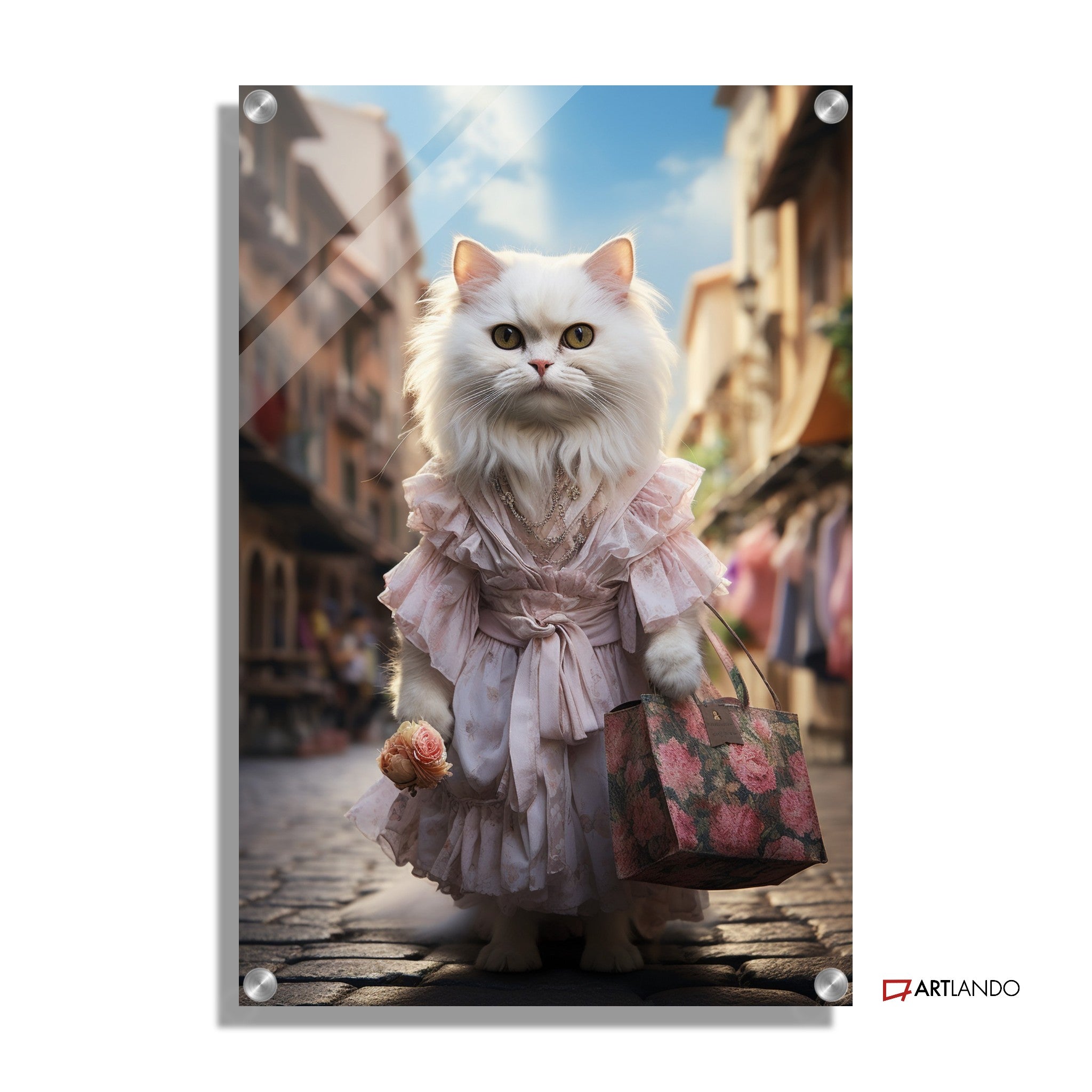 Katzendame in süßem Kleid spaziert durch Innenstadt
