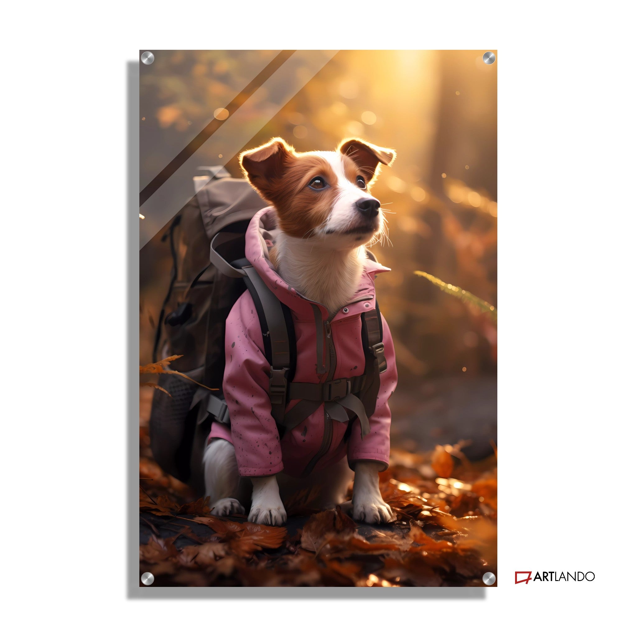 Jack Russell Terrier im Wanderoutfit im Wald