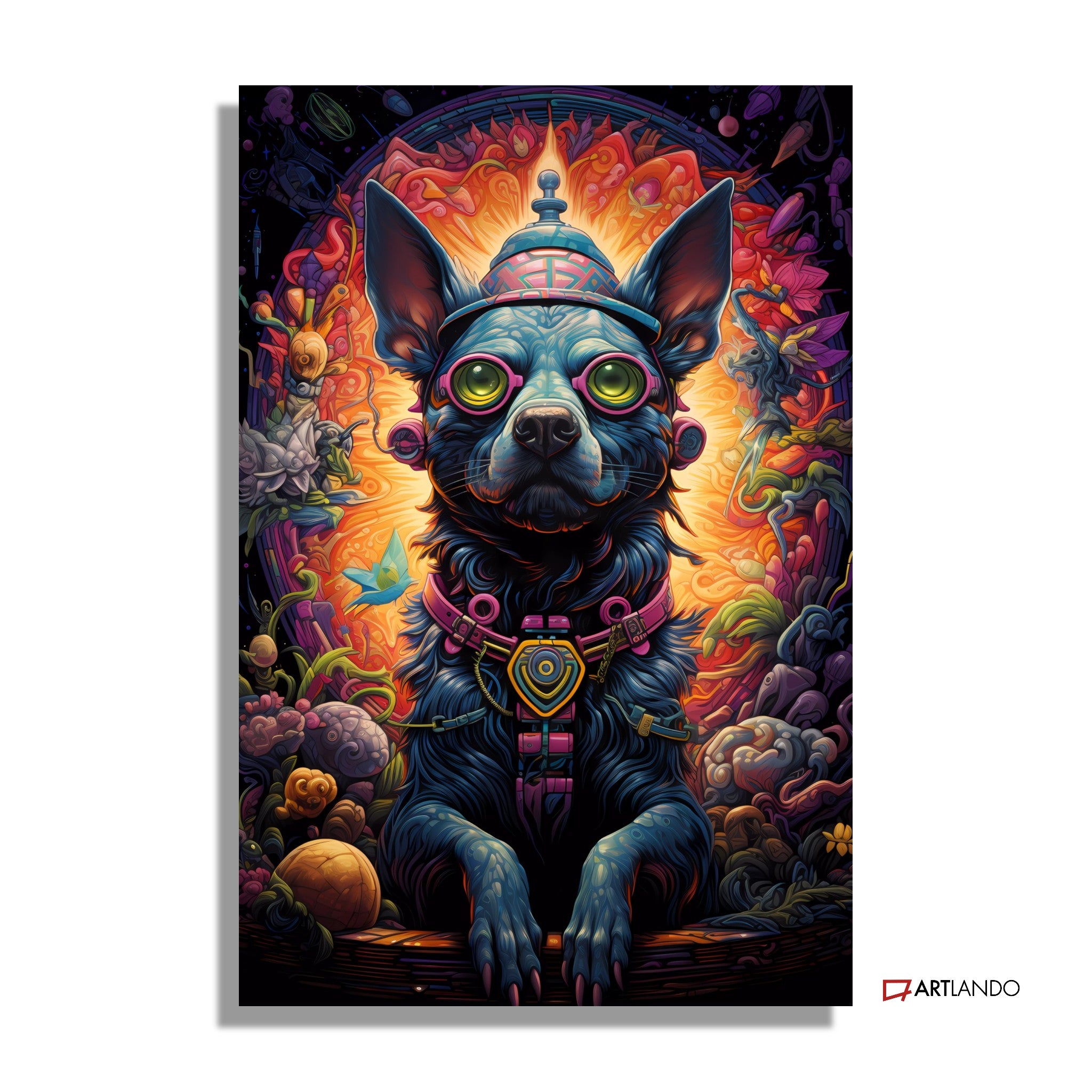 Psychedelisches Hundeportrait vor buntem Hintergrund