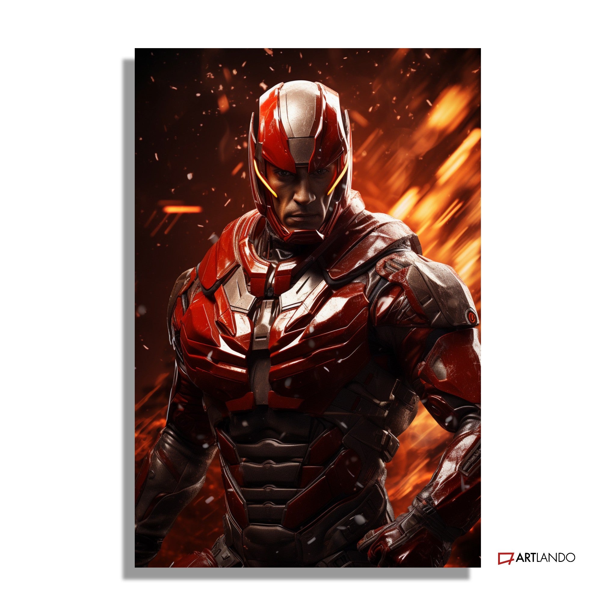 Superheld in metallisch-rotem Anzug in Action